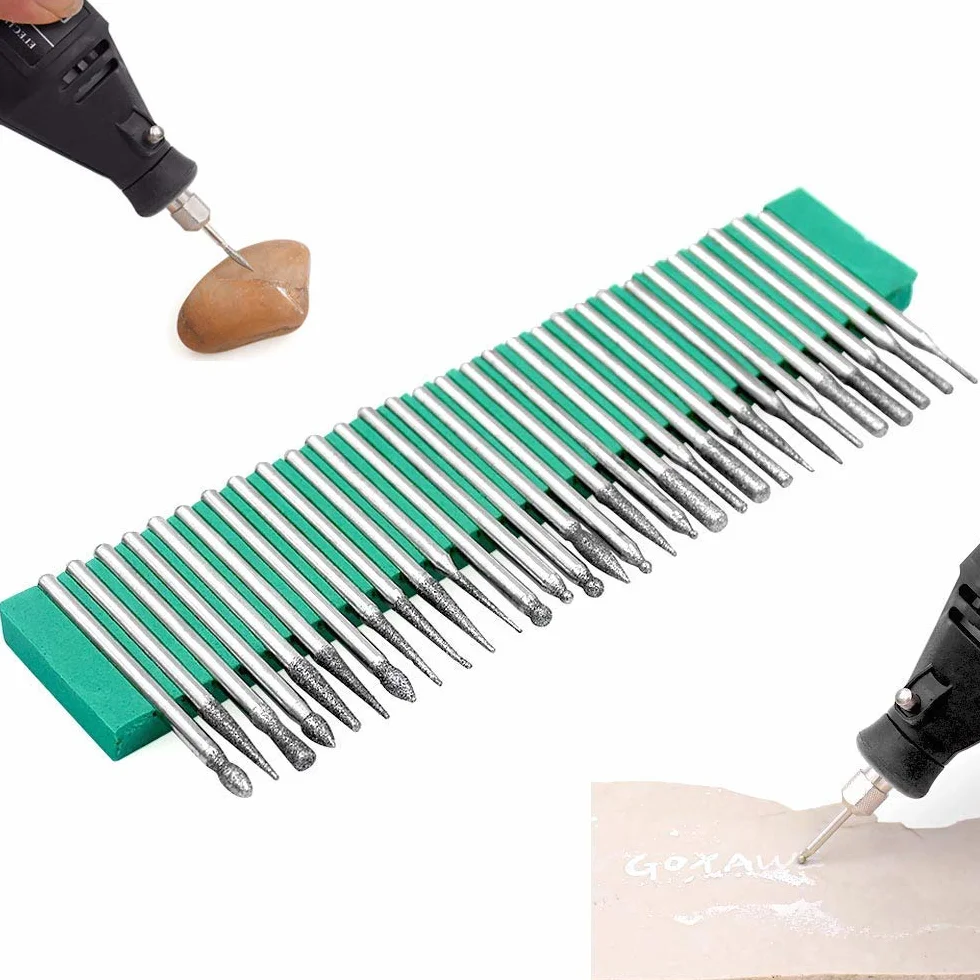Treki 30pcs Fresas Diamante Mini Brocas de Diamante con 3mm Vástago Fresas Diamantadas Rotatorio de Fresas Taladro de Diamante Herramienta de Broca para Vidrio Piedra Joyería Metal Rotary Tool