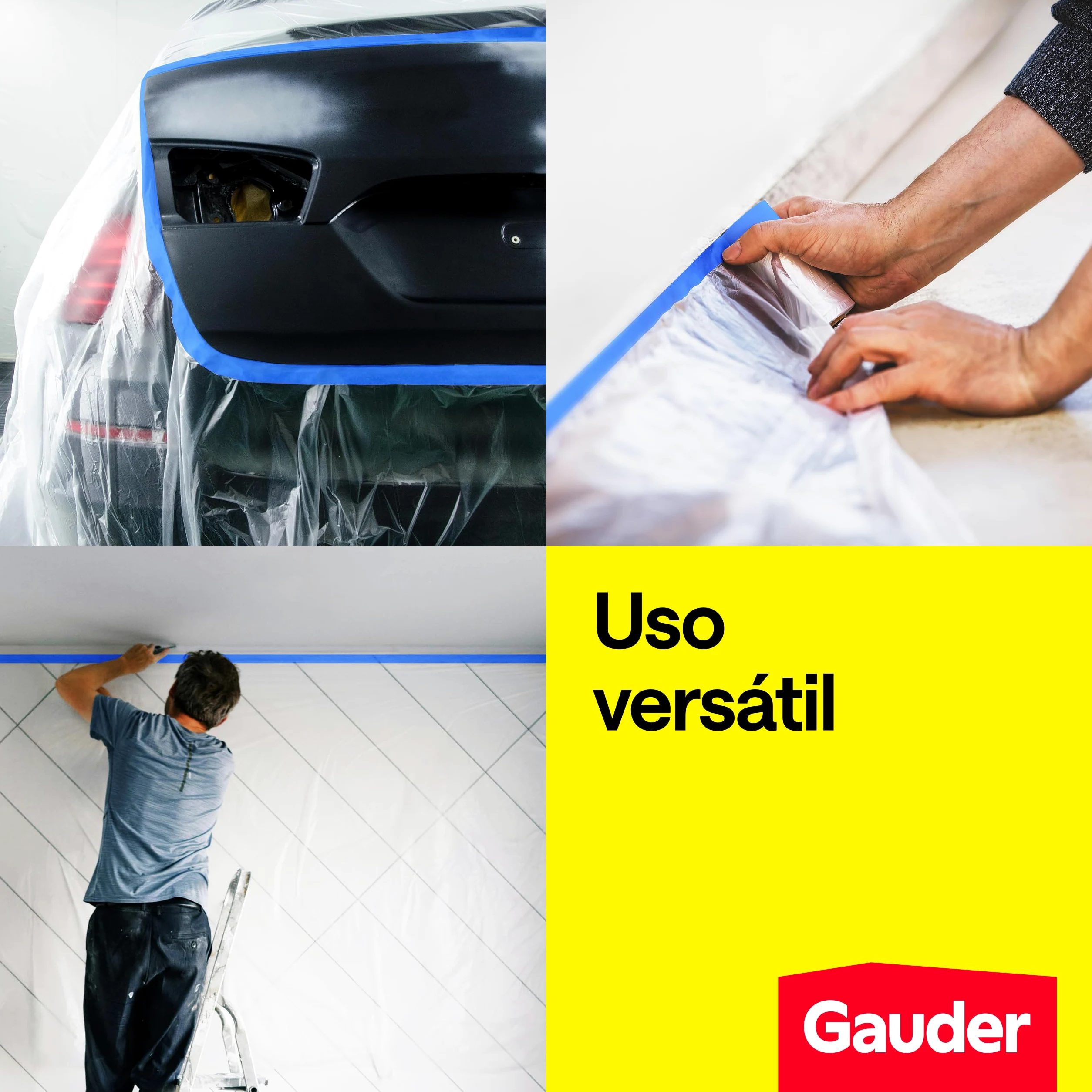 GAUDER Film protector con cinta adhesiva - 81 m² de plástico autoadhesivo - Para ventanas, puertas e interruptores (3 Rollos - 270 cm x 10 m)