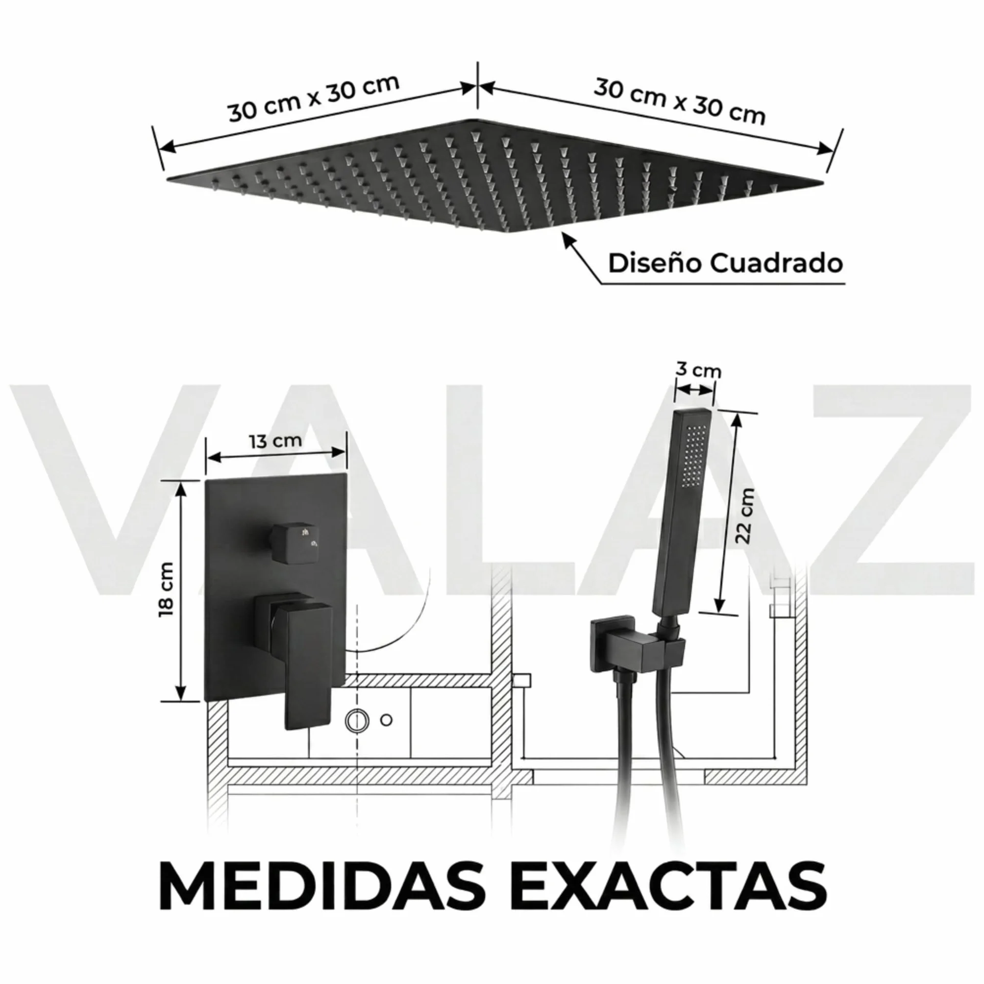 VALAZ Ducha Encastrada Negro Mate | Ducha Monomando 2 Vías, Rociador Efecto Lluvia | Instalación en Techo Fácil y Rápida | Inoxidable, Cuadrada, Rociador 30 cm, Serie Tajo