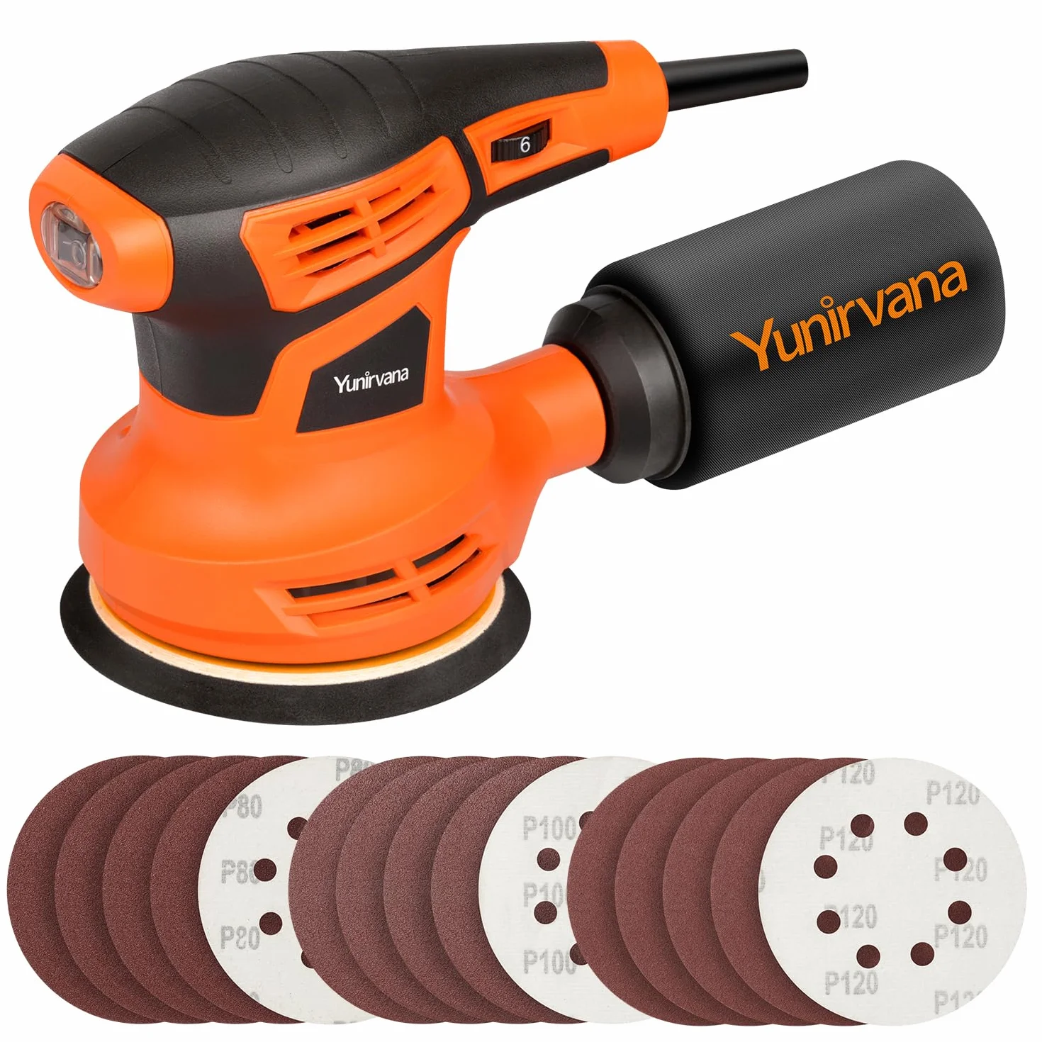 Yunirvana Lijadora Orbital, 280W 13000 RPM Lijadora de Órbita Aleatoria con 15 Hojas de Lija de 125 mm, Lijadora rotorbital de 6 Velocidades Variables con Colector de Polvo, Ideal para Lijado y Pulido