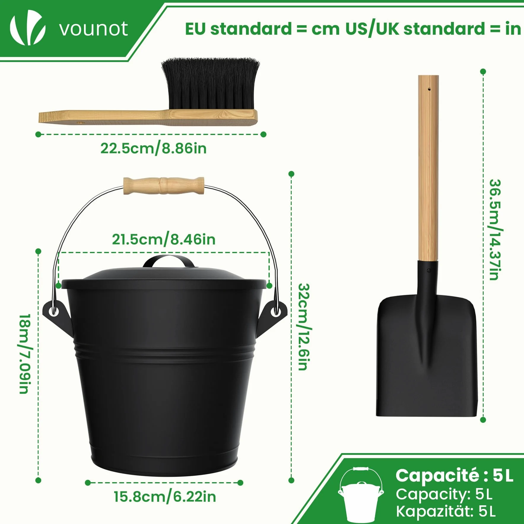 VOUNOT® Cubo Cenizas con Tapa y Set Barrido 5L Contenedor Ceniza con Asa, Pala y Escoba de Mano, Accesorios para Chimenea Estufa, Recipiente con Asas para Carbón y Restos de Leña, Metálico, Negro
