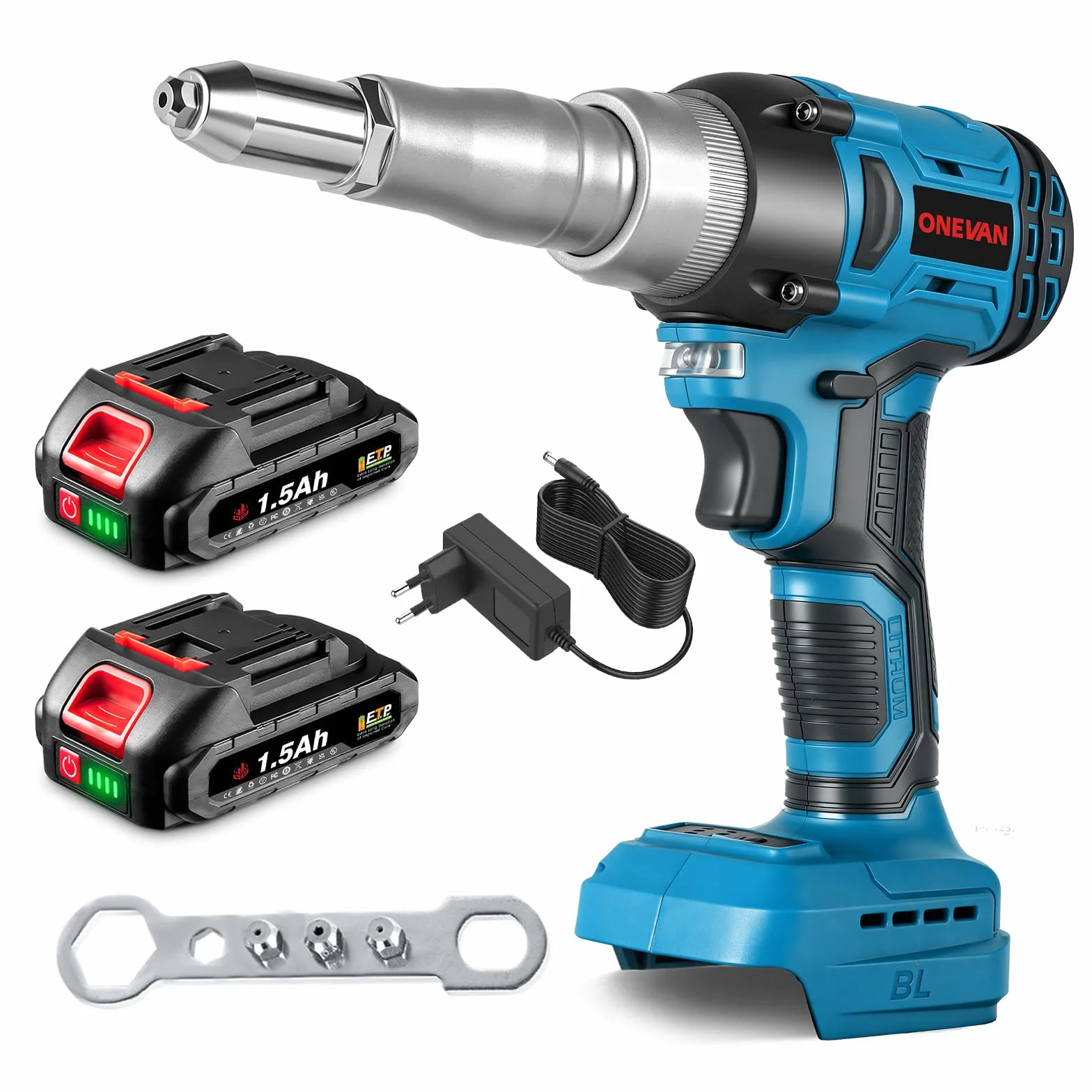 ONEVAN remachadora bateria, 20000N pistolas de remache electrica con baterias 2x 1.5Ah, carrera 18 mm, sin escobillas, remachadora automatica inalambirca para remaches de 2.4-5 mm