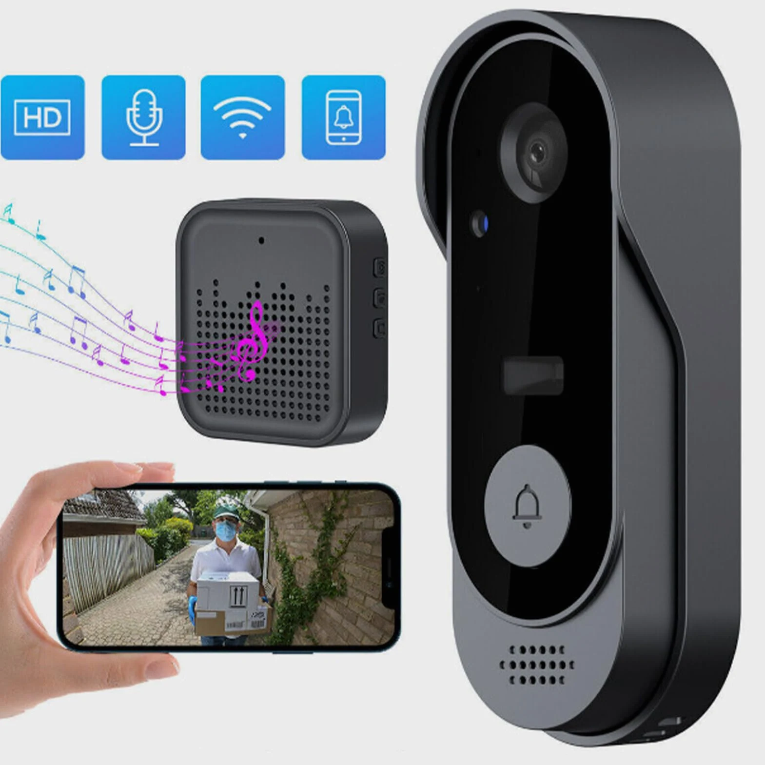 Timbre inalámbrico con cámara, cámara de video inalámbrica, detección de movimiento, monitor de seguridad para el hogar, conversación bidireccional, para interiores y exteriores, trabajo remoto tardío