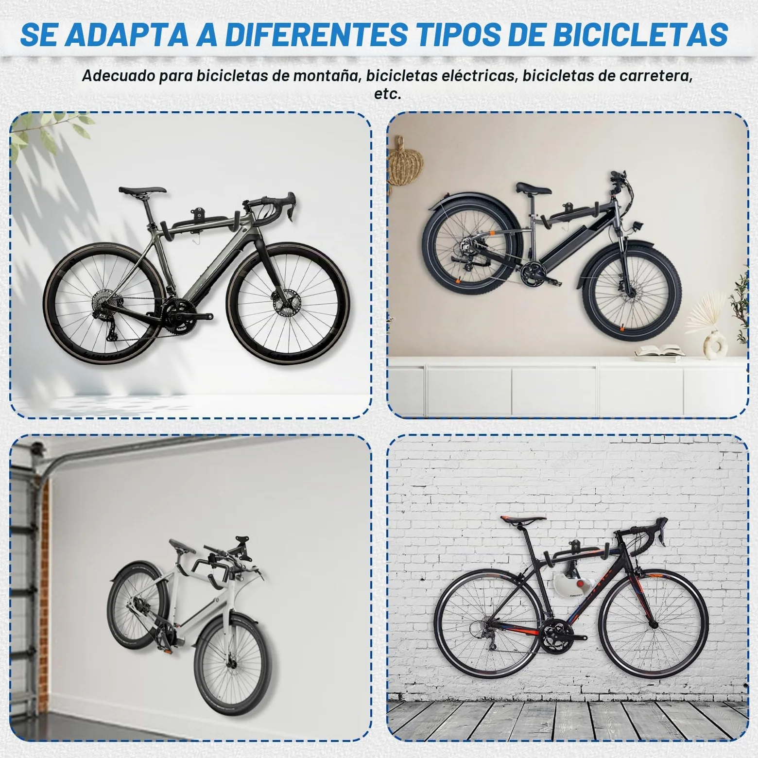Soporte de Pared para Bicicleta, Plegable Colgador Bicicleta Pared con Gancho para Casco, Espuma Acolchada Capacidad de 30Kg Distancia Ajustables Colgar Bicicletas Pared para Garaje, Interior