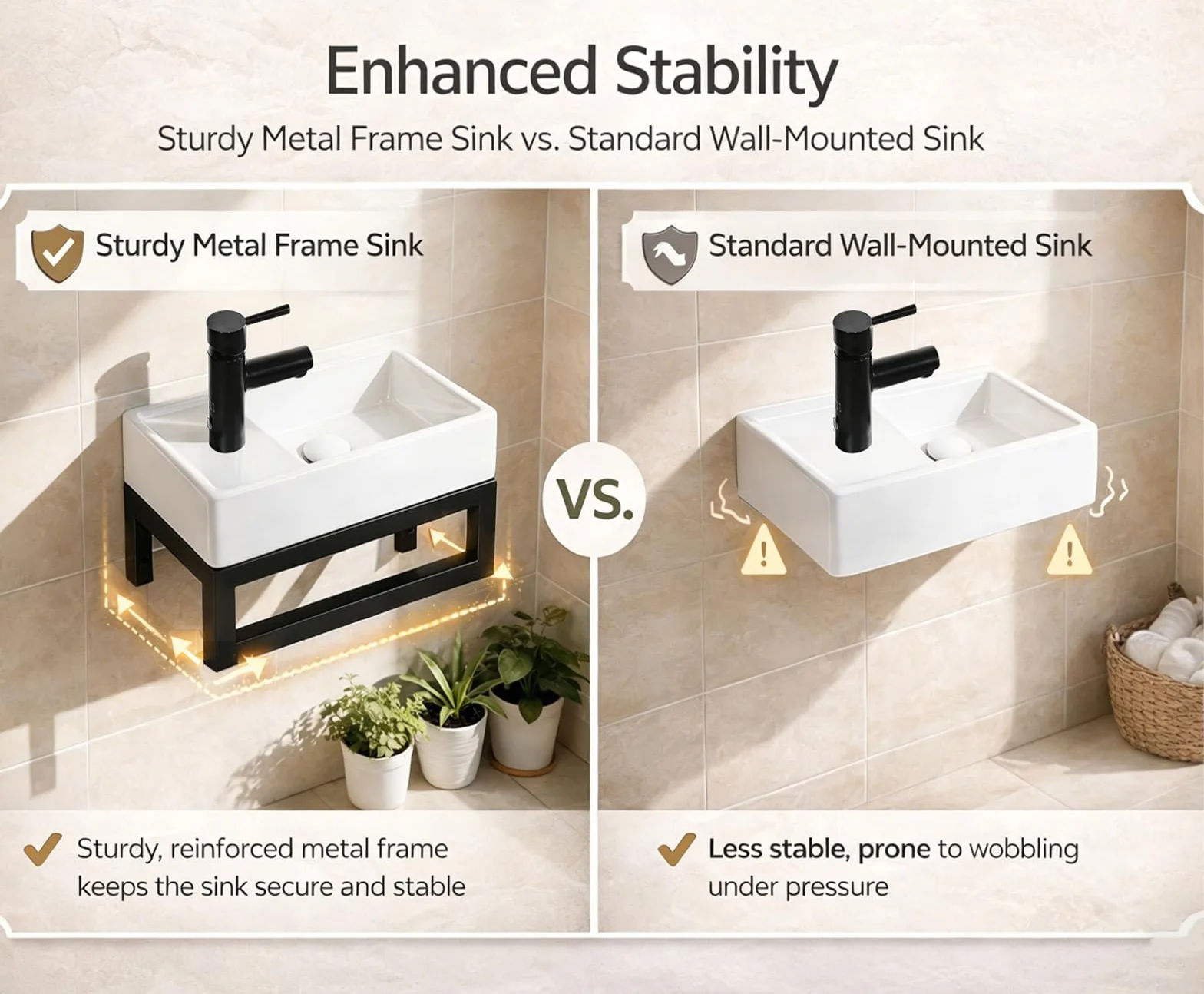 NUESTRA VIDA Lavabo de Cerámica para Baño de Invitados 40x22 cm - Compacto con Rebosadero y Estructura Metálica Negra Mate - Ideal para Espacios Pequeños