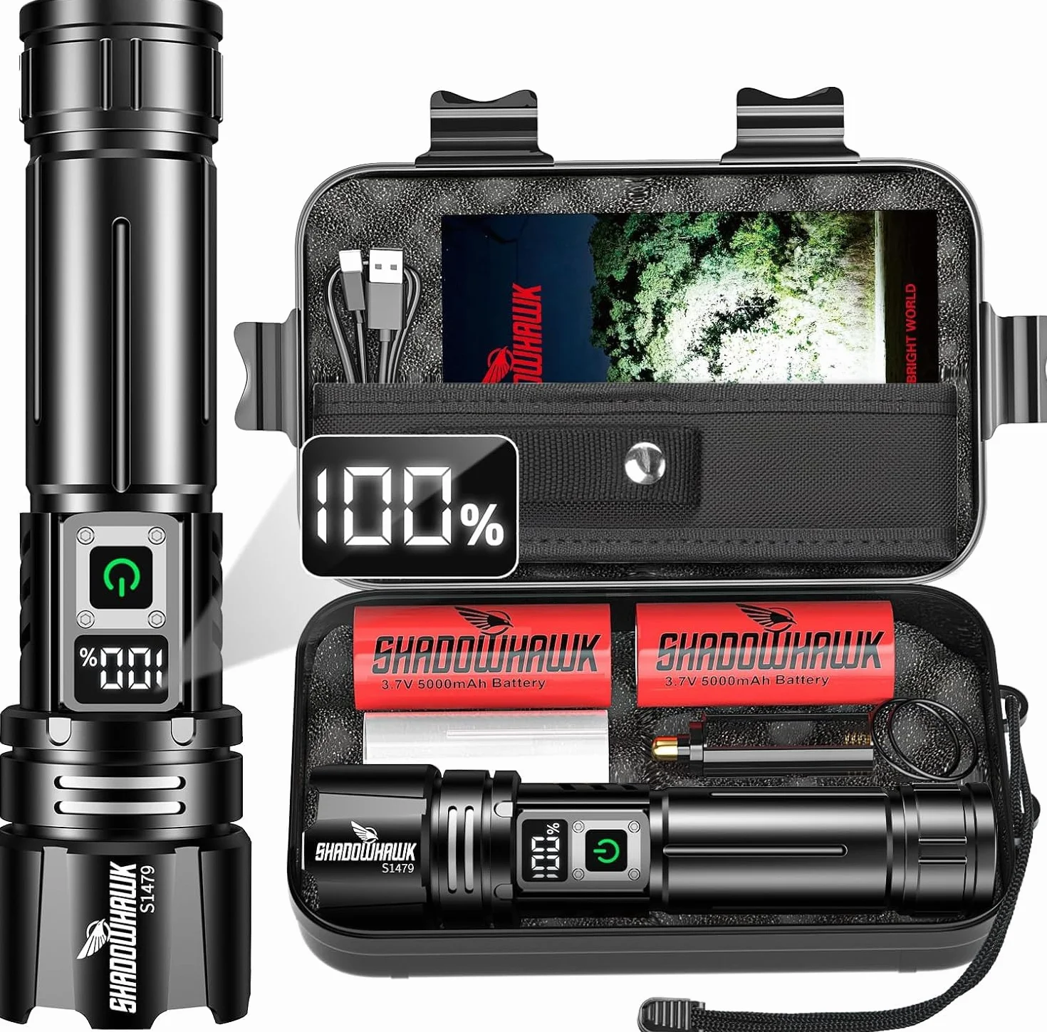 Shadowhawk Linternas alta Potencia 24H Iluminación | Militar 1,000,000 Lúmenes 30W Linterna LED Potente Rechargeable (2 pilas), Tactica Flashlight para Camping/Emergencias/Regalo, Pantalla LCD & IP67