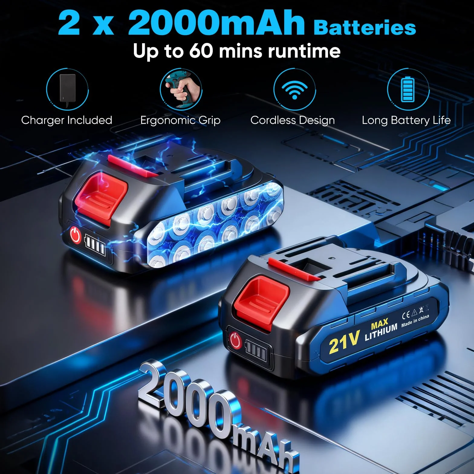 Herramienta de remache ciego con batería y motor sin escobillas, 2x baterías de 2000mAh, 3 boquillas para remaches de 2,4-5,0mm, luz LED para aplicaciones DIY y profesionales