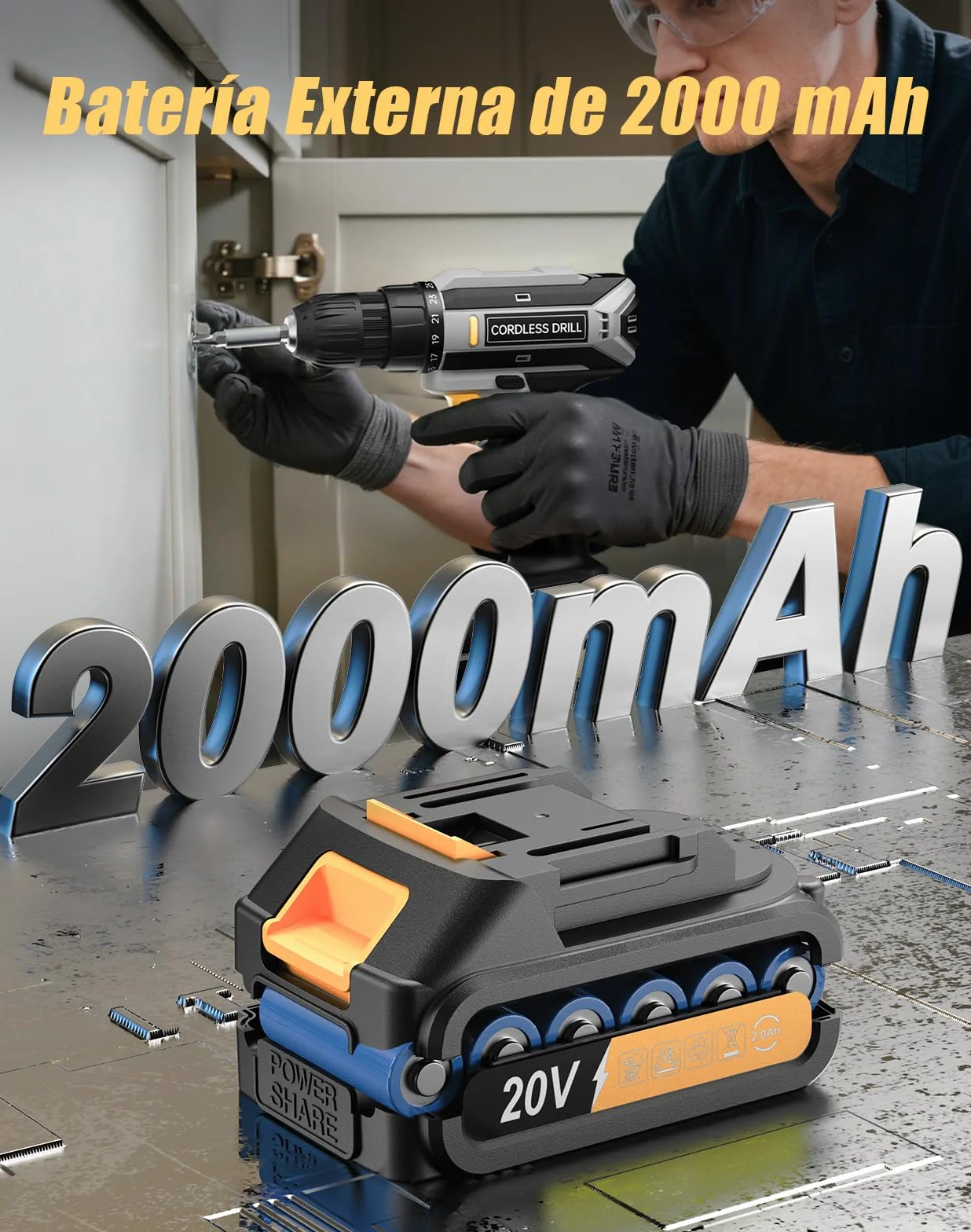 Taladro Atornillador Inalámbrico 20V, Taladro Atornillador Bateria 42Nm con 25+1 Ajustes de Torque, Luz LED, Kit 56 Piezas, Destornillador Eléctrico para Bricolaje en Casa y Jardín, Gris