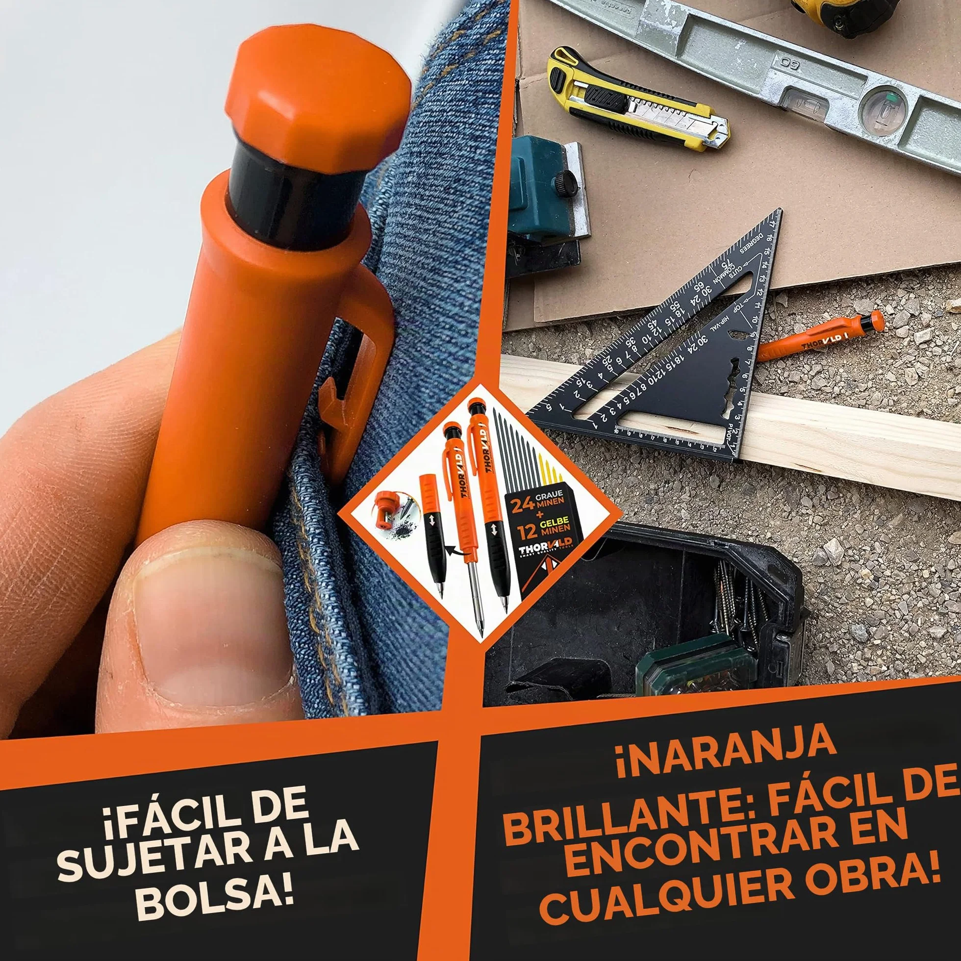 THORVALD 2 PRO Lápiz de construcción extensible [+ 38 MINE de soporte múltiple + Tamaño de mina + Agarre fácil de escribir] Portaminas para carpintero DIY Dibujo Trazado Madera aceitosa Metal Concret
