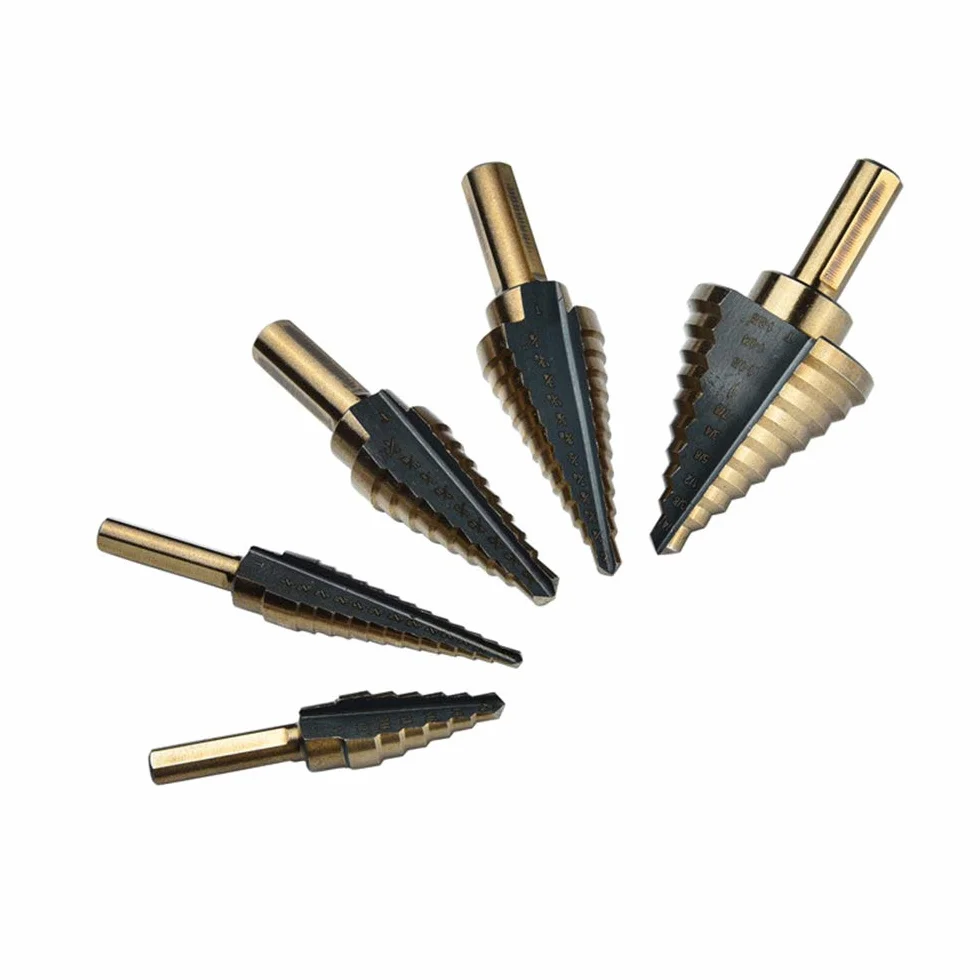 HSS Titanio Broca Escalonada 5 piezas 1/4-1-3/8 "3/16-7/8" 1/4-3/4 "1/8-1/2" 3/16-1/2" Multifunción Pagoda Taladro Brocas Metal Drill con Caja de Aluminio DC14