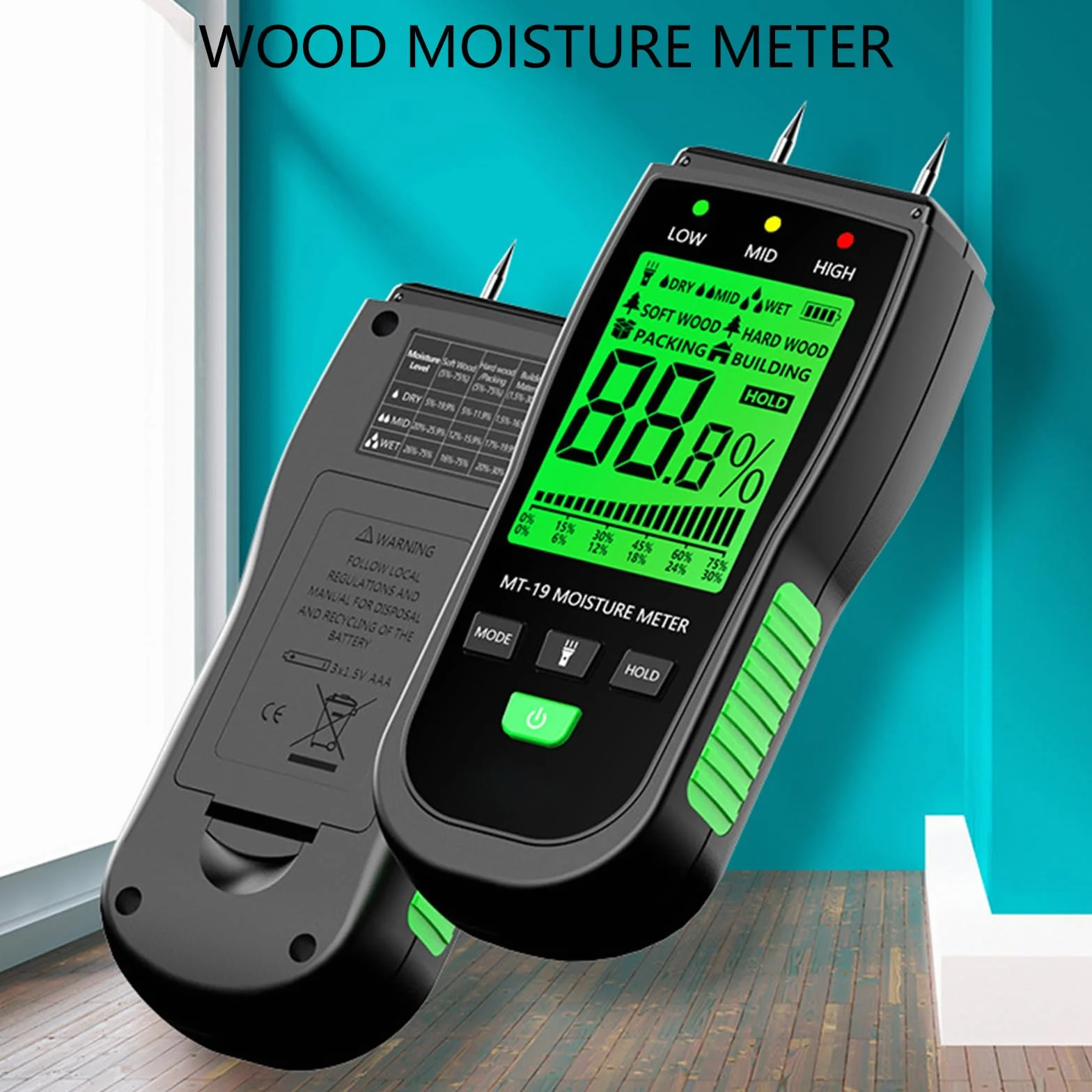 Medidor de lectura de madera de pantalla grande de alta precisión adecuado para uso en interiores y exteriores, trabajadores de la construcción, medidor de pared de ladrillos