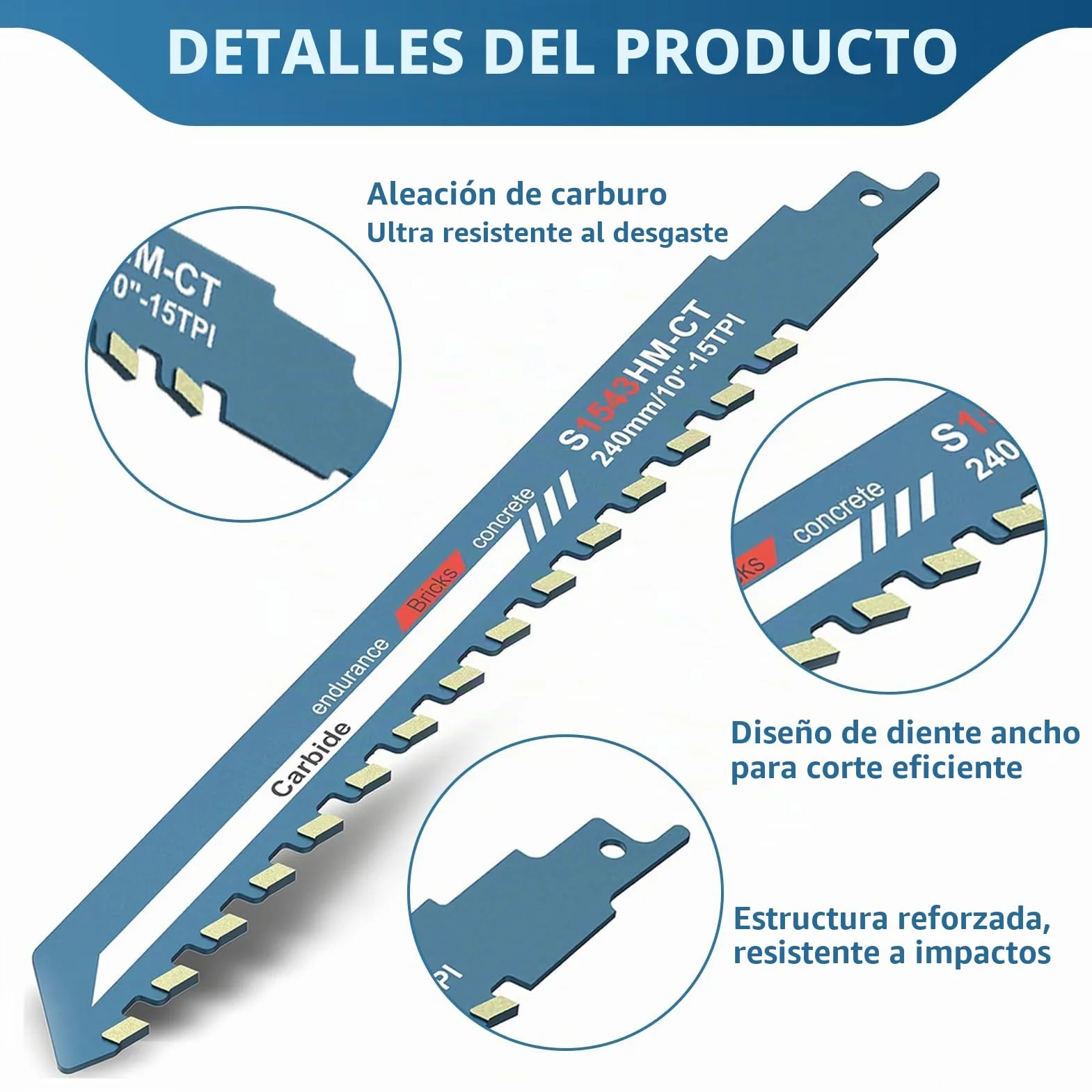 Hojas de Sierra Sable 240 mm Sierra de Sable S1543 Cuchilla Sierra Sable de Carburo para Metal Madera Hormigón Poroso Ladrillo Placa de Cemento