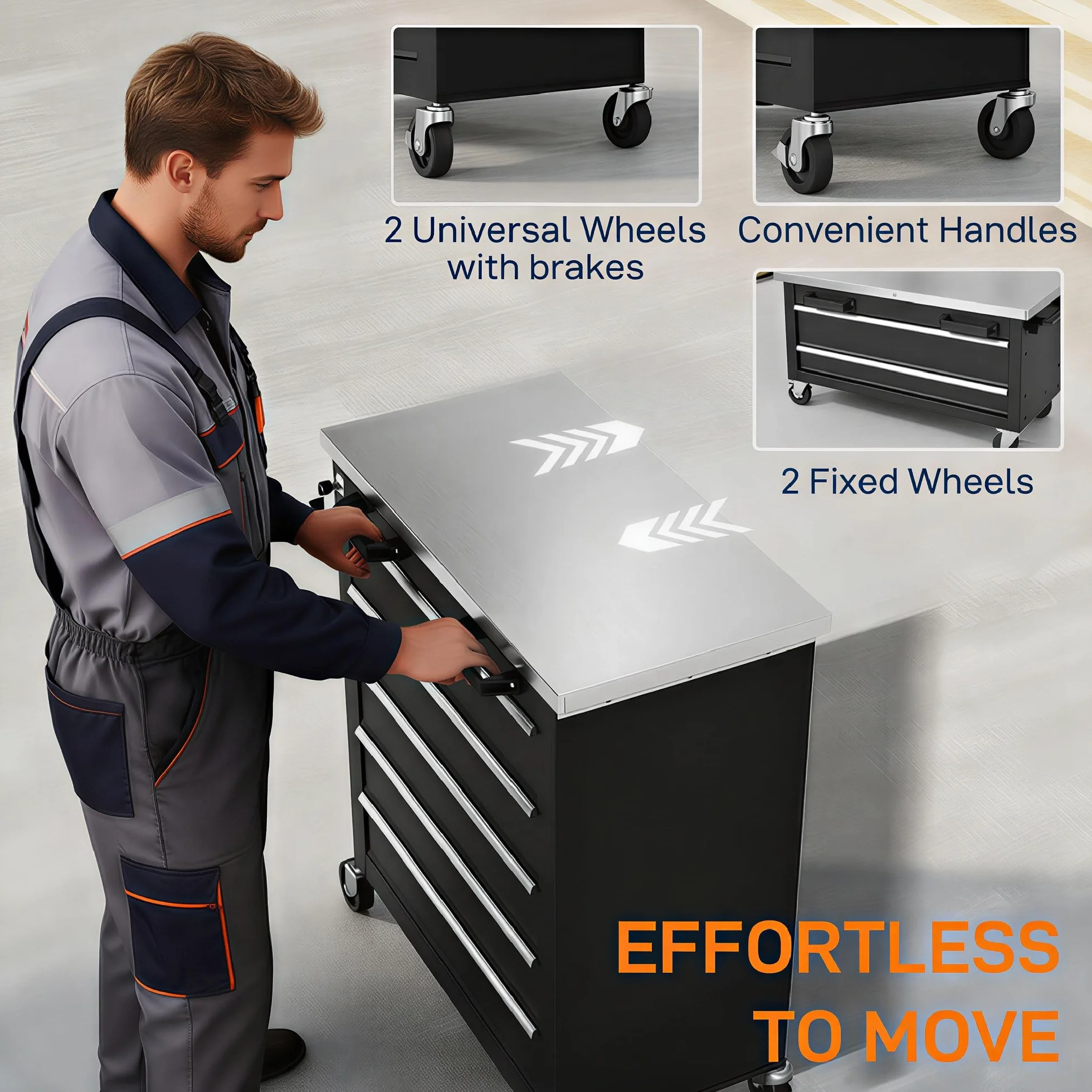 HOMCOM Carro de Herramientas 5 Cajones con Cerradura, Taller con Ruedas, Encimera Acero Inoxidable, Negro Plata