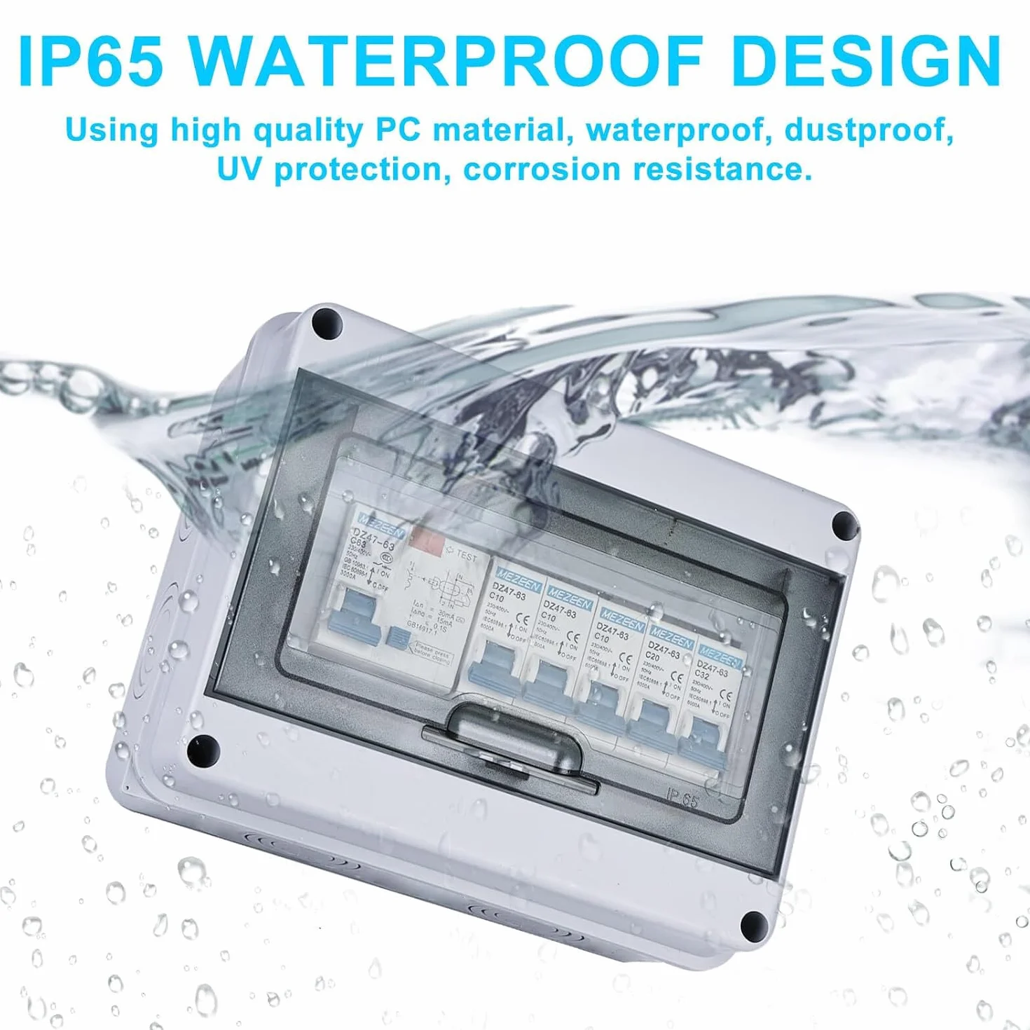 Caja de fusibles de superficie IP65 con disyuntor, disyuntor 63 A, 4 vías, 2 x 6 A+10 A+20 A+32 A, subdistribución en superficie, interruptor de separación CA, distribuidor pequeño, caja de