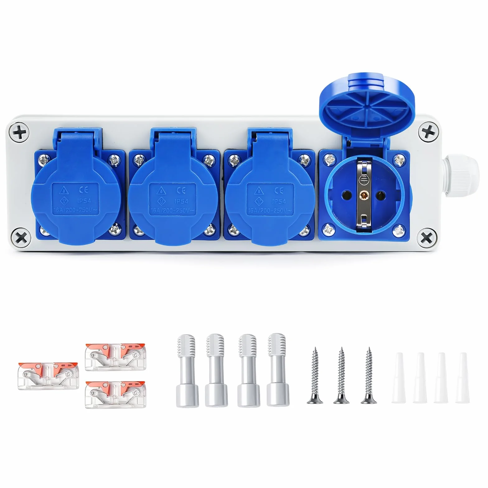 Jadeshay Distribuidor de Corriente,16A Cuadro Electrico Superficie 4 x 220V Schuko con Cubierta Protectora Individual Distribución de Energia Impermeable IP54 para Taller Obra Interior y Exterior