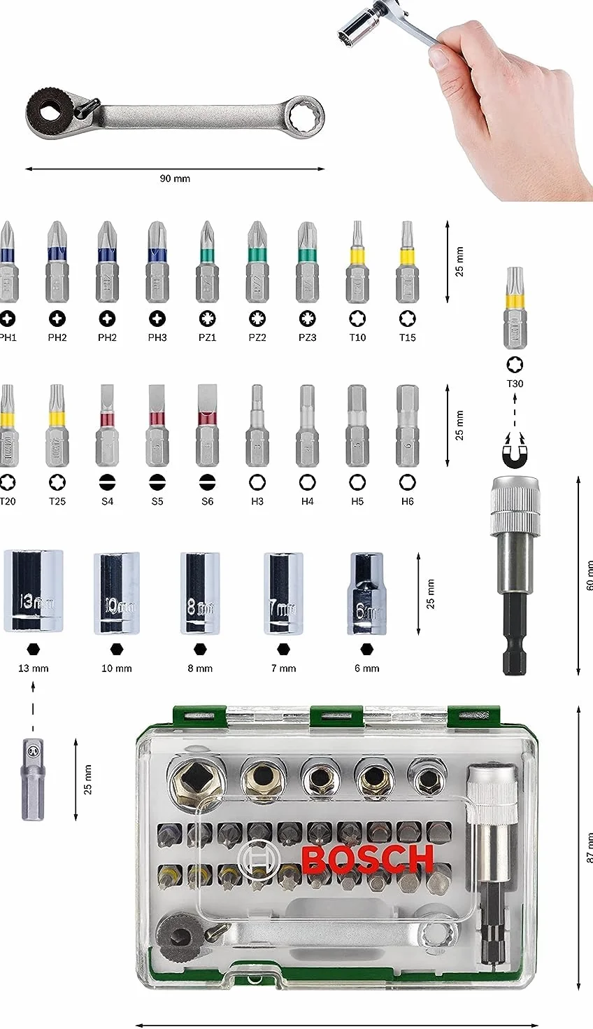 Bosch Profesional Pack Unidades para Atornillar, con Llave de carraca, versión estándar, Standard-Set, Negro/Verde, 1 Pack