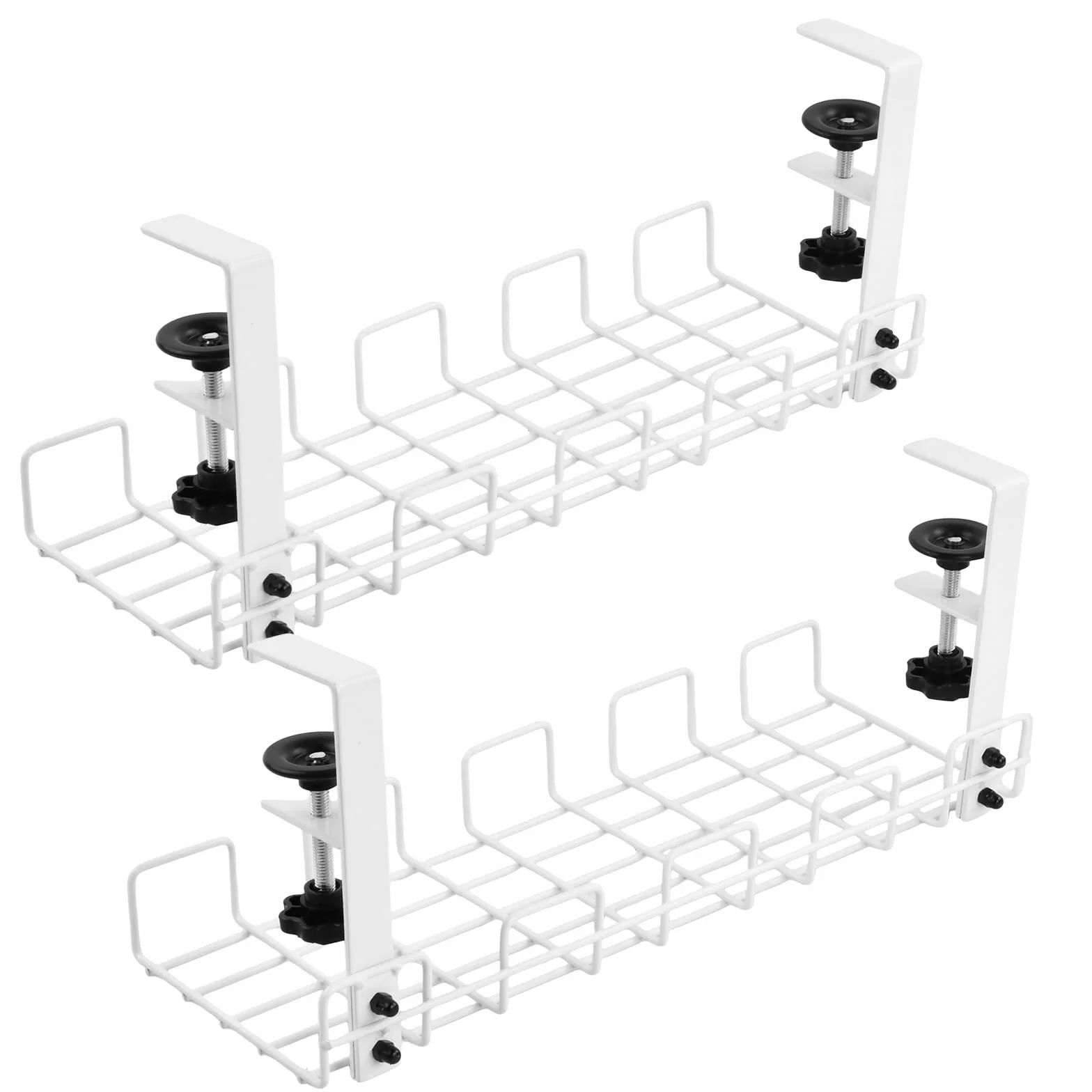 Pack de 2 Bandejas Organizadoras de Cables para Escritorio, Recoge Cables Mesa Sin Taladro, Gestión de Cables en Metal con Abrazadera Ajustable para Oficina y Hogar
