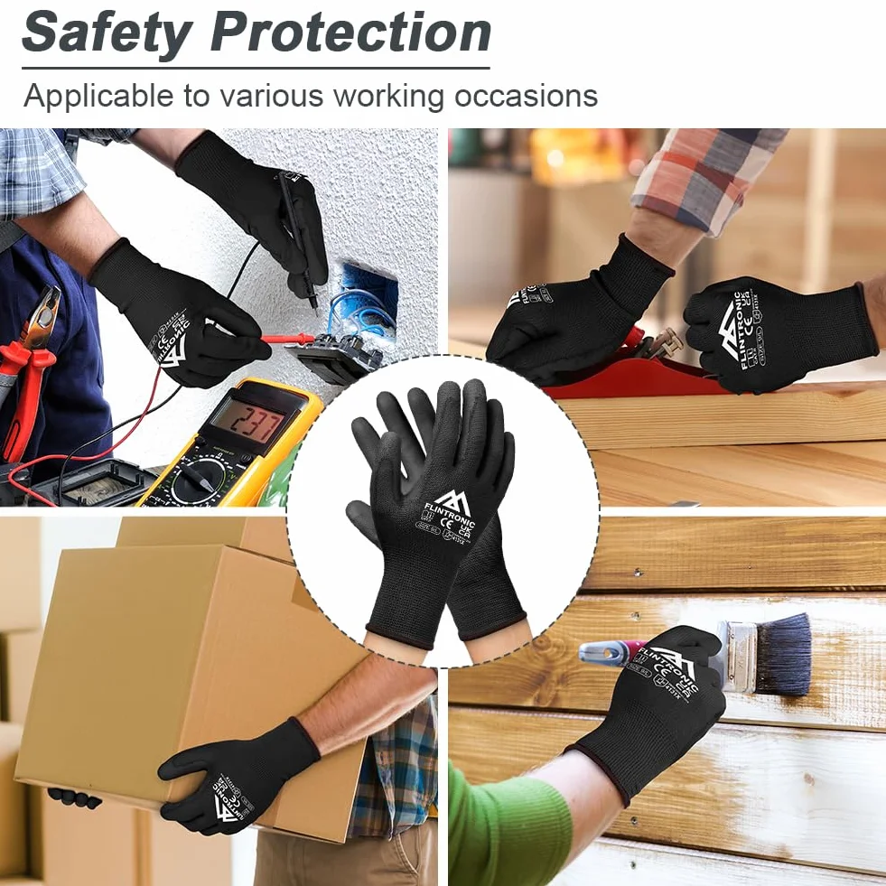 Flintronic Guantes de Trabajo Profesionales 12 Pares Recubrimiento Poliéster PU Negro L-9