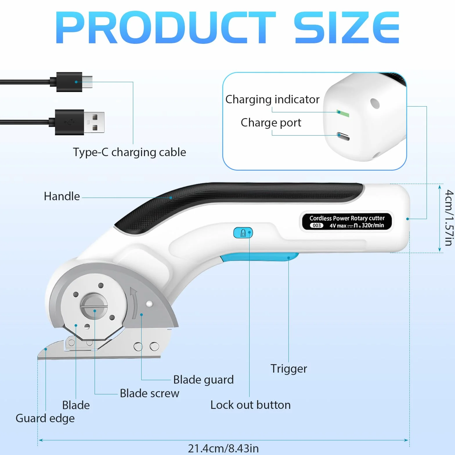 Tijeras Eléctricas sin Cable, Herramienta Portátil Recargable para Cortar Cajas de Cartón con Cierre de Seguridad Para Cortar Papel, Tela, Manualidades, Cuero, Alfombra con Cuchilla Repuesto