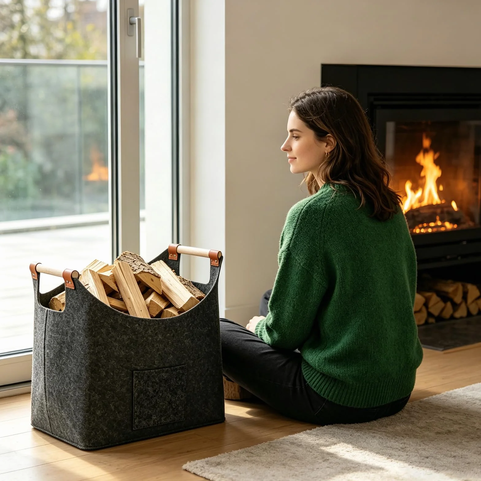 Canasta De Leña 45 x 32 x 40 cm 60L, Cesta de fieltro Fieltro extra grueso y asa reforzada, Cesto para leña plegable Bolsa, para Guardar Periódicos y la Chimenea