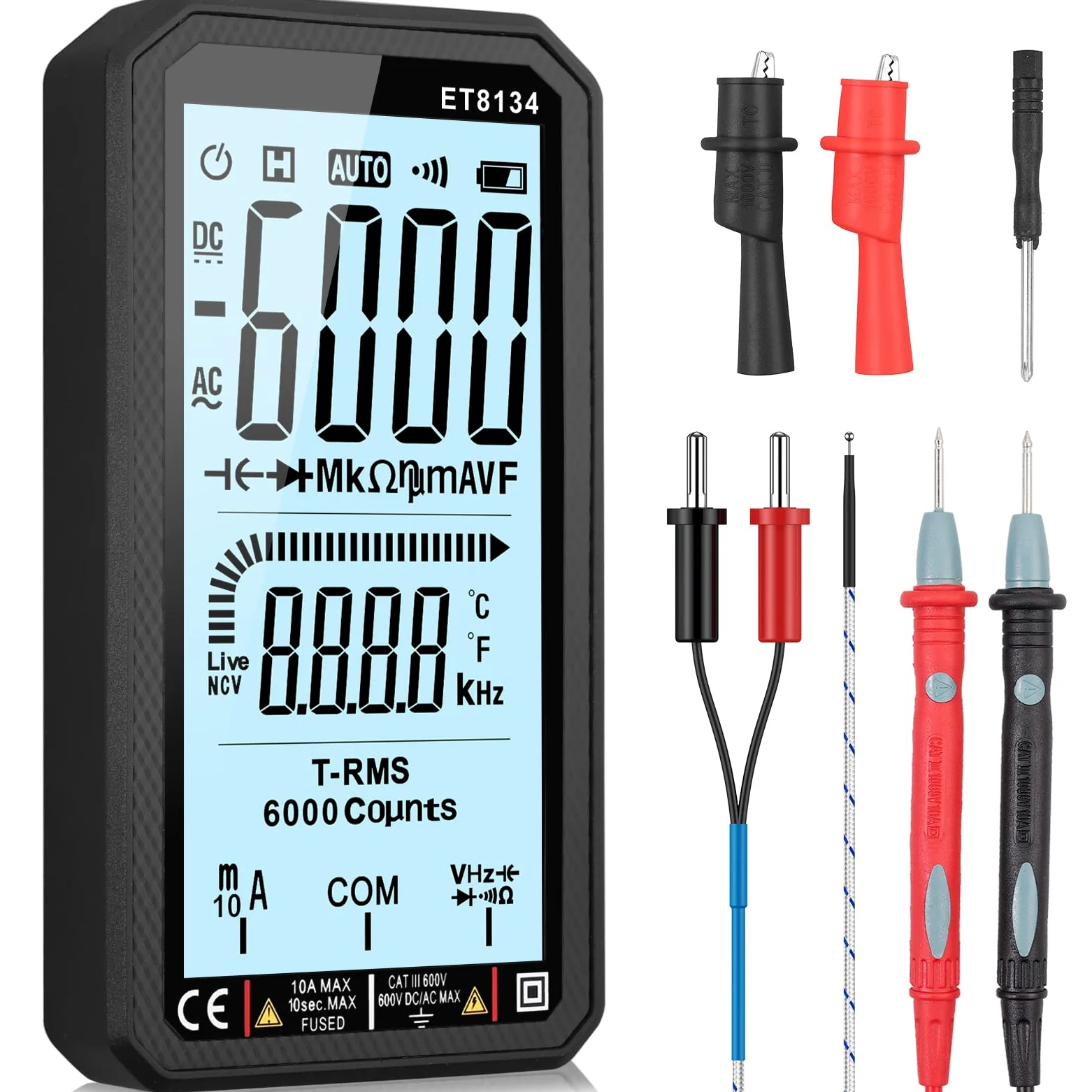Neoteck Multimetro Digital 6000 Cuentas Polímetro con Pantalla Grande Retroiluminada y Linterna para Medir Voltaje y Corriente CA/CC,Capacitancia,Resistencia,NCV,Temperatura, Diodo,Continuidad