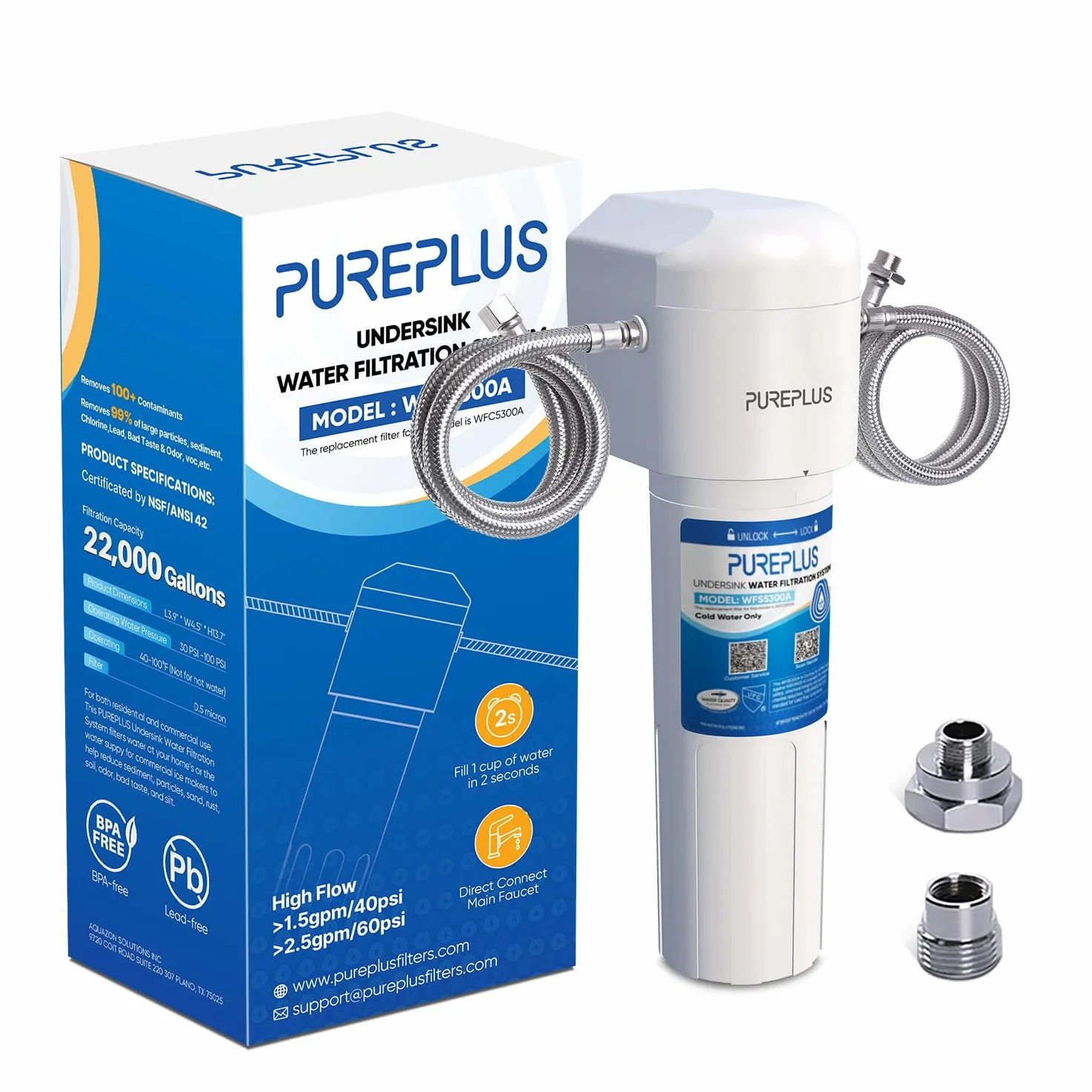 PUREPLUS Sistema de filtro de agua para debajo del fregadero, 22000 galones, reducción de cloro del 99.99%, certificado NSF/ANSI 42, elimina metales pesados, cloro, conexión directa bajo el mostrador