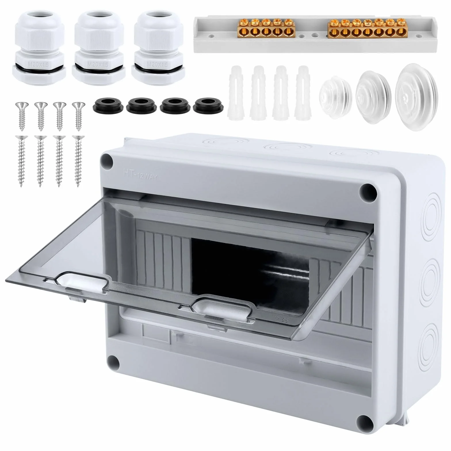 Caja de fusibles para montaje en superficie, IP65, resistente al agua, con pinzas de latón, subdistribución, 1 fila para 12 módulos, para jardín, exteriores, villas