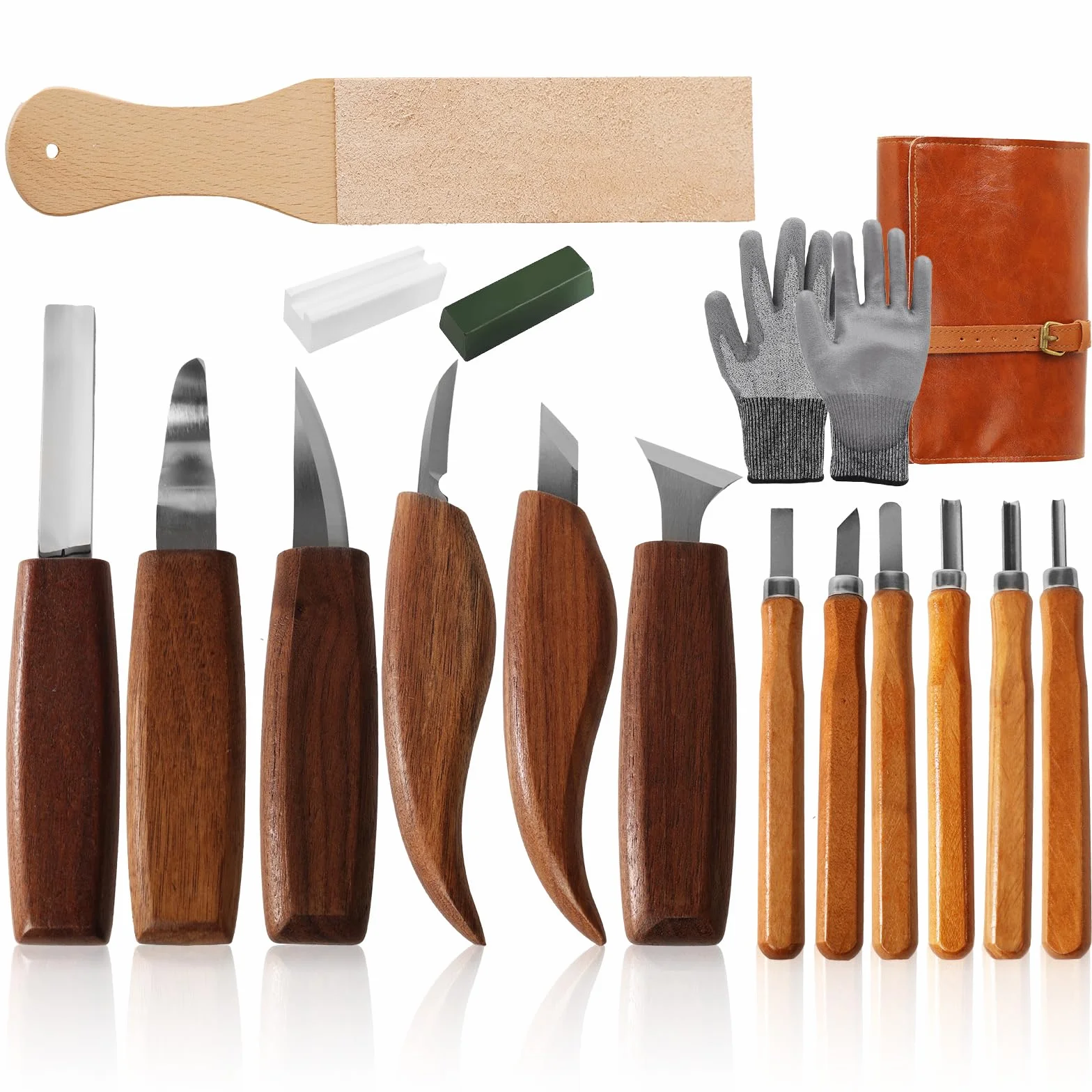 Juego de 17 cuchillos para tallar de madera para principiantes, seguro y sencillo, selección completa de herramientas con guantes, bolsa de herramientas