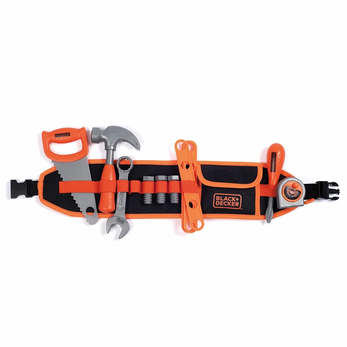 Smoby - Black+Decker - Cinturón de Herramientas - Correa Ajustable - 14 Accesorios - Sierra, Destornillador, Llave combinada, Cinta métrica, Tornillos, Reglas, Tuercas - A Partir de 3 años