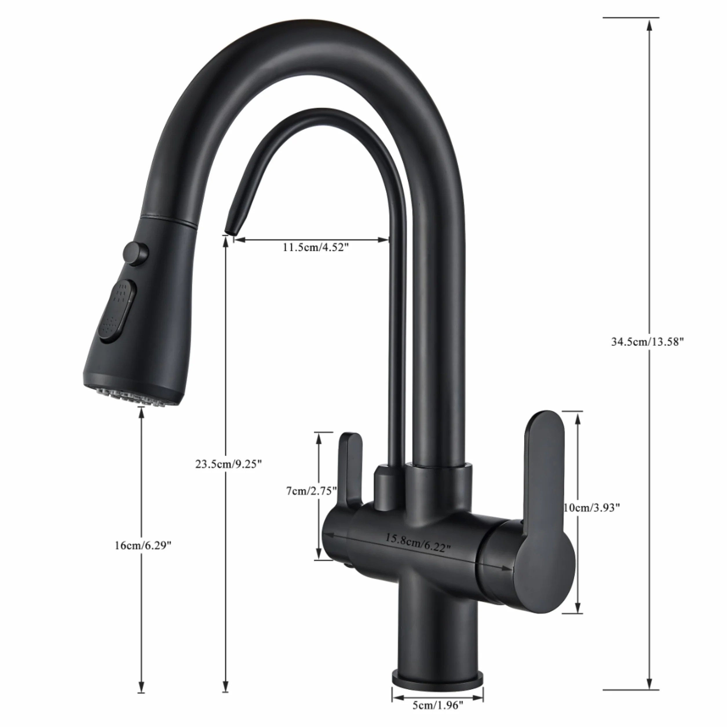 Grifo de cocina 3 vías Nordic negro mate con conexión filtro agua, manguera extraíble, giratorio 360°
