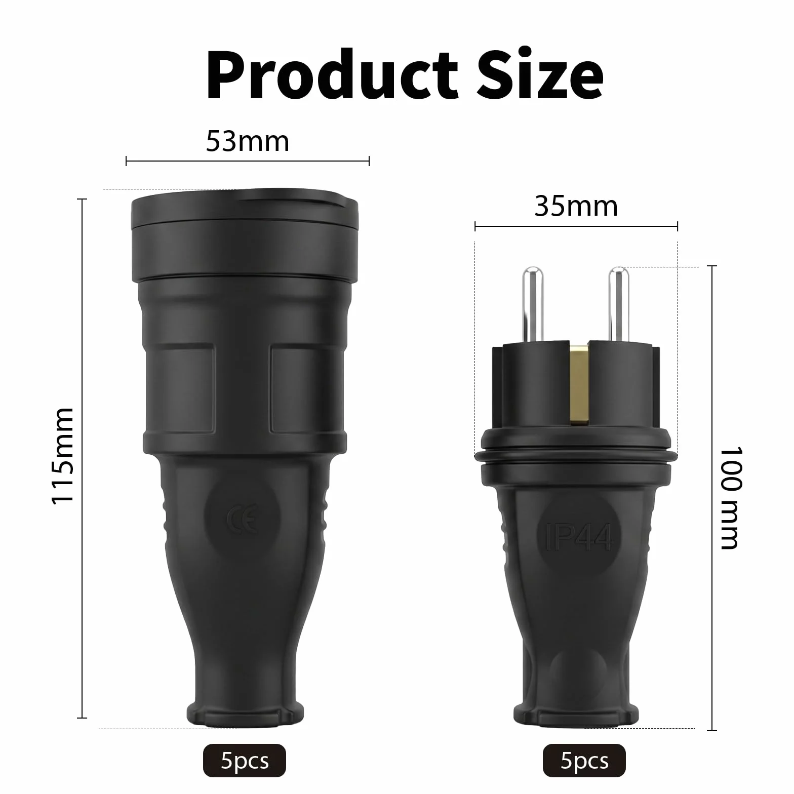Enchufe Schuko Macho Hembra IP44 250V 16A Juego 5 Pares con Protección Antitorceduras