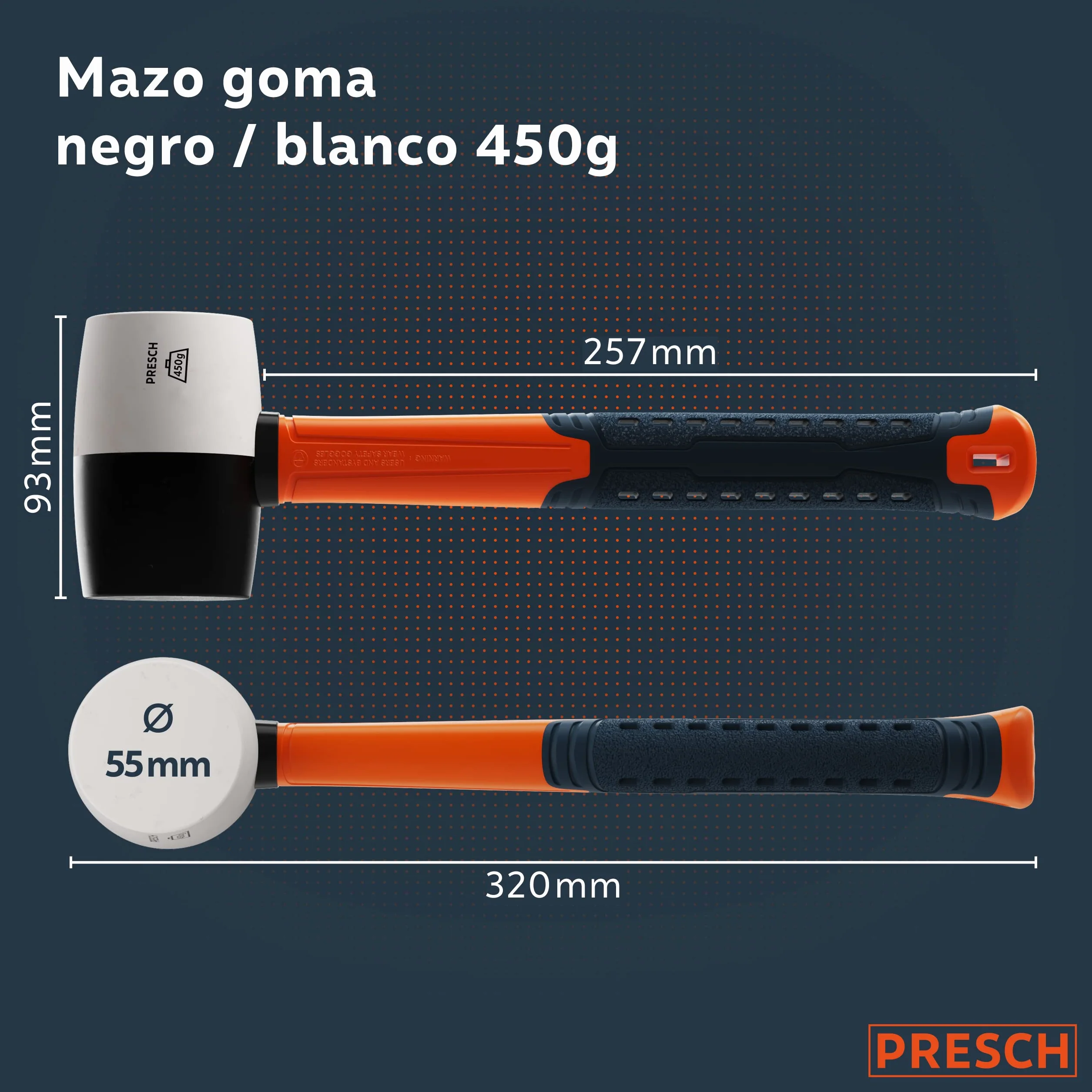 Presch Mazo de goma negro/blanco 450g - Martillo de goma dura con mango de fibra de vidrio | ⌀=55mm - Mazo de caucho polivalente para muchos usos