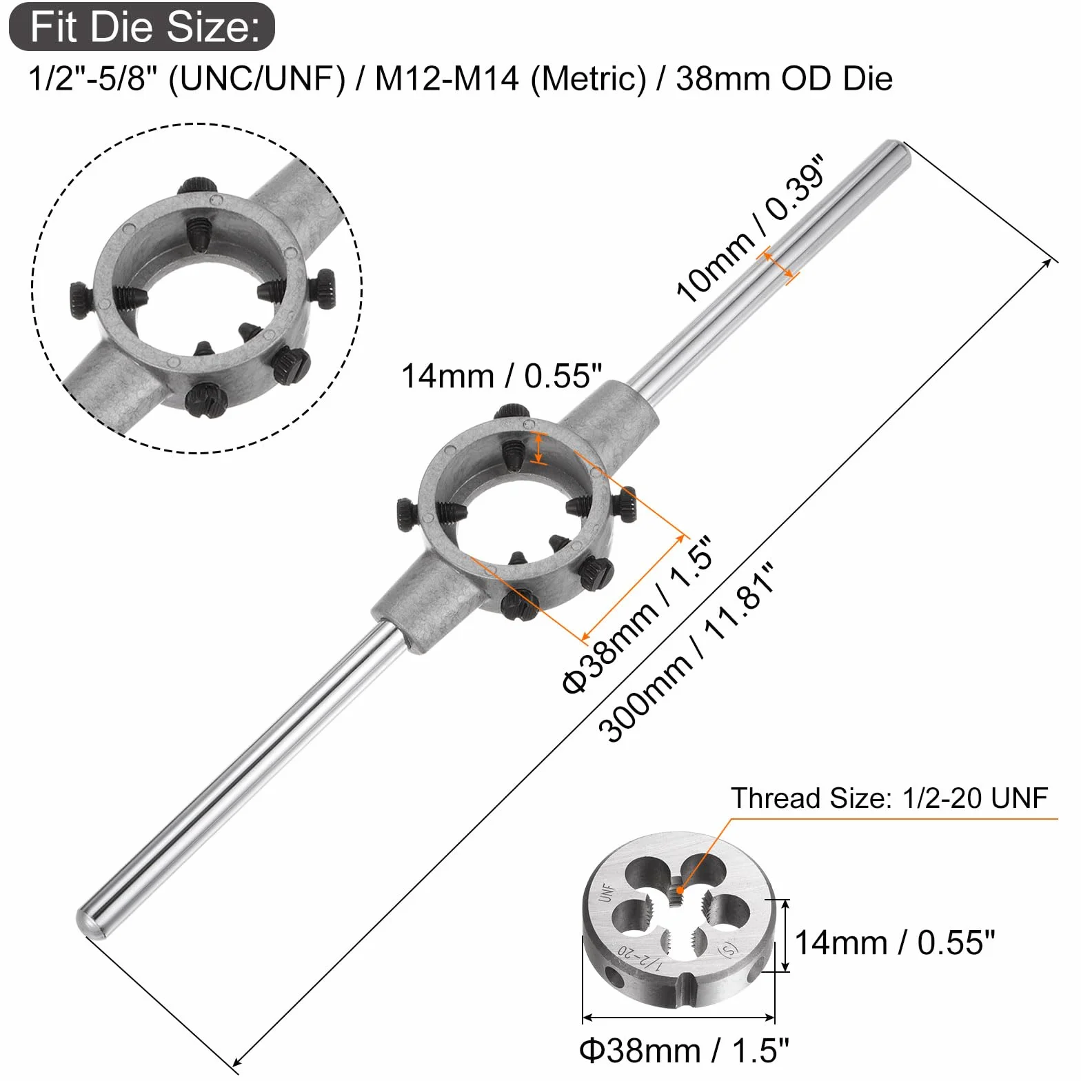 QUARKZMAN Juego de Llaves de Mango para Terrajas, Terraja Redonda 1/2-20 UNF y Porta Terrajas de 38mm (Compatible con Terrajas de 1/2"-5/8" (UNC/UNF) / Métricas M12-M14)