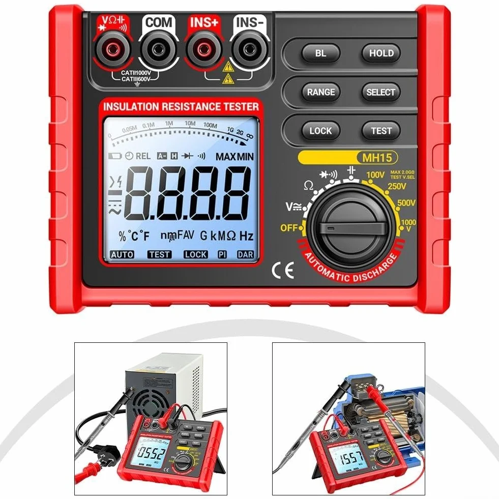 Megohmímetro digital MH15 100V 250V 500V 1000V voltaje de prueba pantalla LCD retroiluminación retención de datos