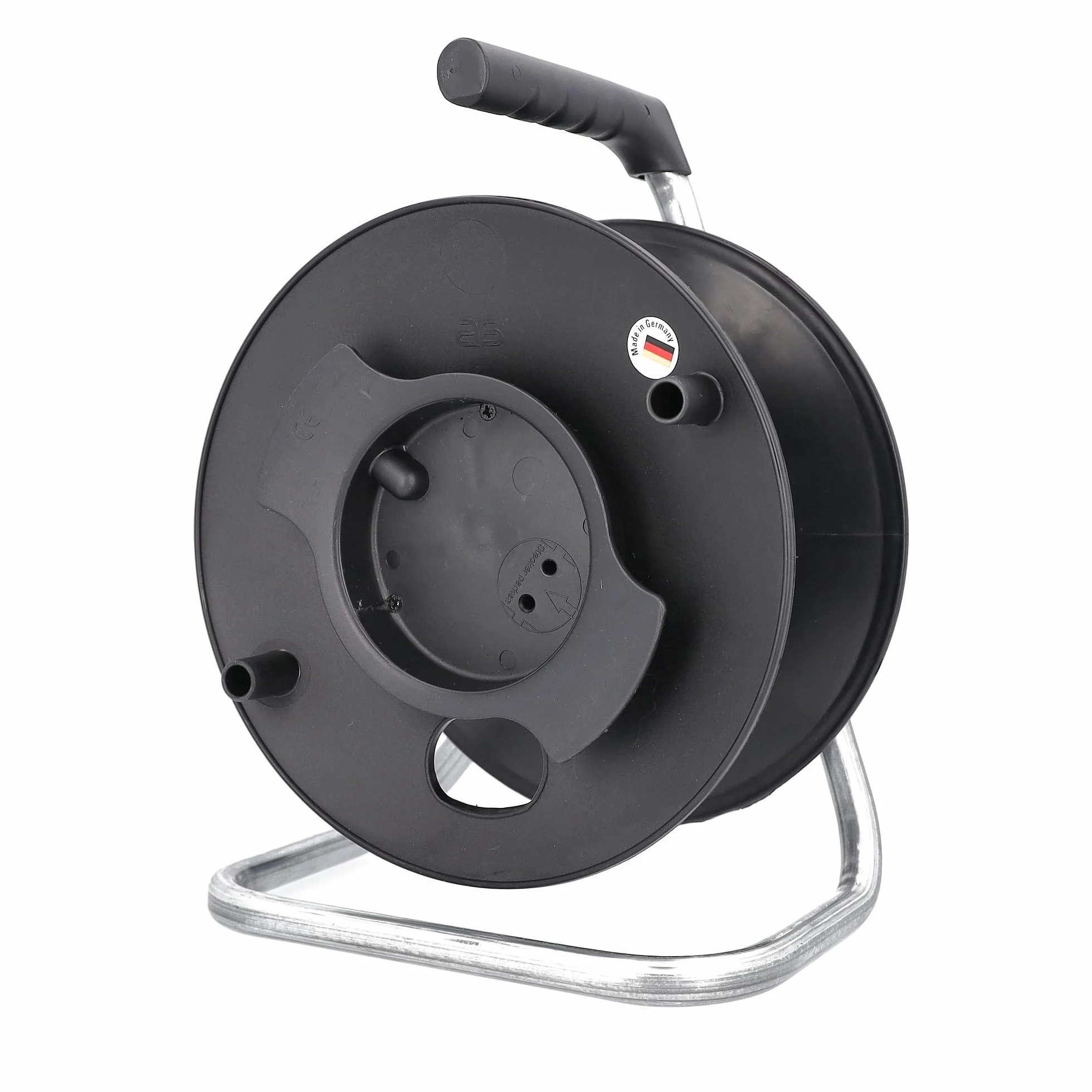 as - Schwabe carrete universal vacío Ø230 mm, de plástico resistente a impactos, con enrollador de cable, bastidor galvanizado, freno de estacionamiento, Made in Germany