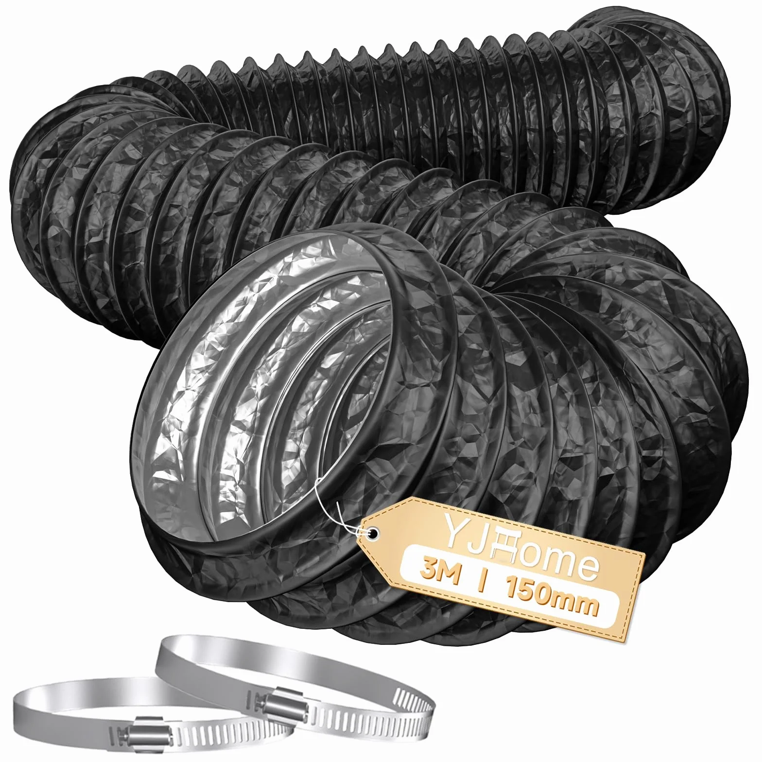 YJHome Manguera de salida de aire de 150 mm, 3 m de largo, manguera flexible con 2 abrazaderas de manguera, tubo de escape de PVC y aluminio para campanas extractoras, secadoras, ventiladores de