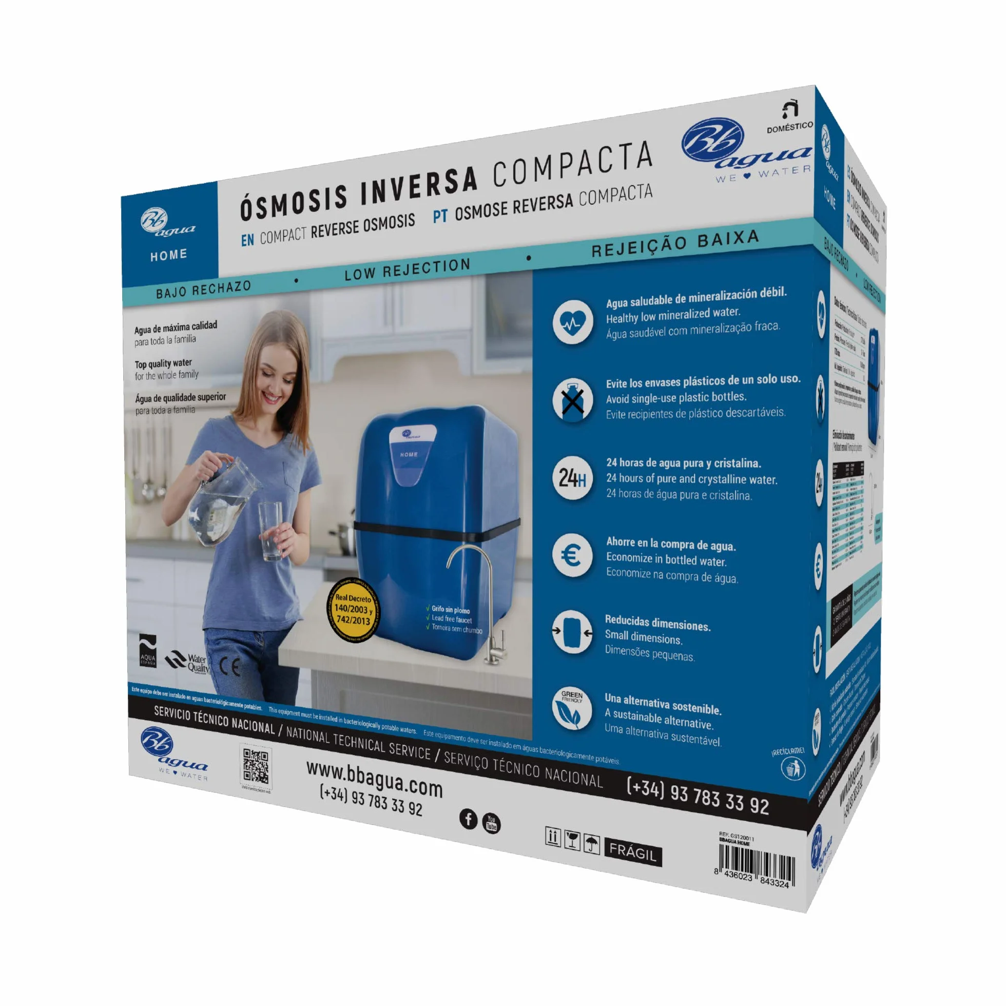 Bbagua Home. Equipo de Osmosis Inversa Compacta de 5 Etapas. Fácil Instalación bajo encimera y cambio de Filtros. Bajo rechazo. Agua saludable de mineralización débil.