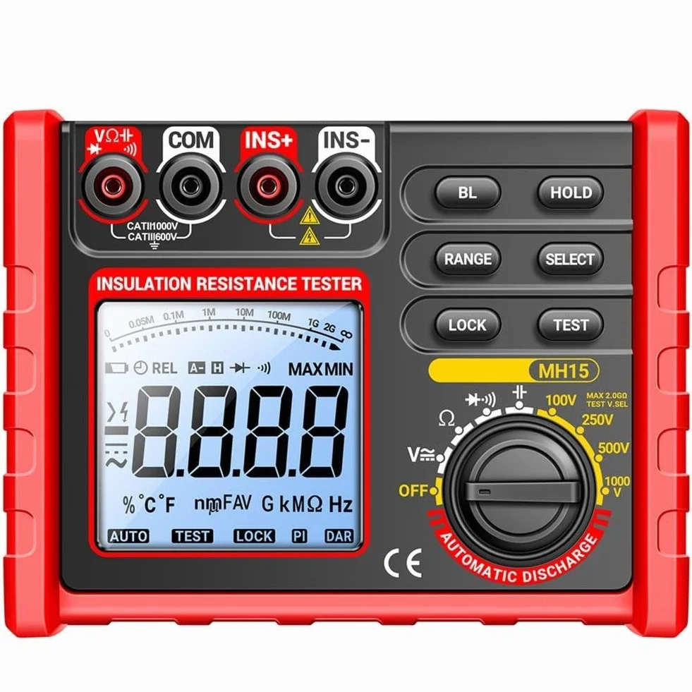 Megohmímetro digital MH15 100V 250V 500V 1000V voltaje de prueba pantalla LCD retroiluminación retención de datos