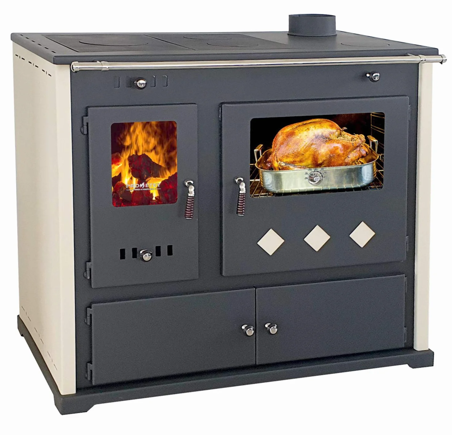 Estufa de leña Practik Lux 9,5 kW metal con compartimento y placa de cocción beige/negro
