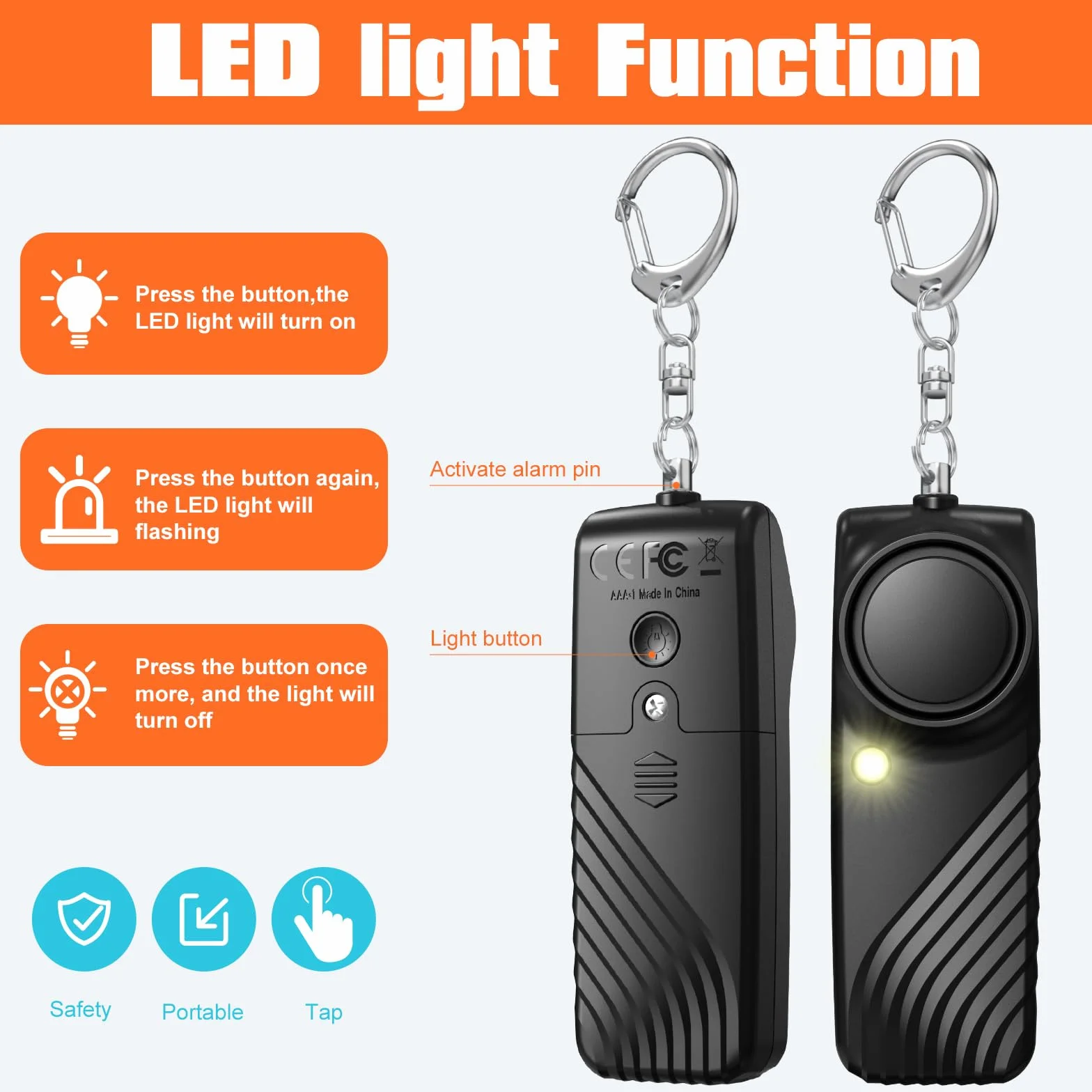 Alarma Personal Sonora 130dB con Linterna LED 2 Paquete Negro