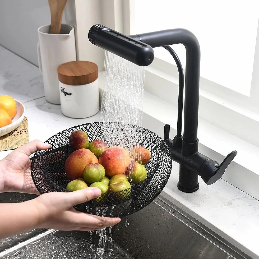 Grifo de 3 vías para purificador negro con ducha extraíble, giratorio 360°, compatible con filtro de cascara/RO, mezclador de fregadero de cocina de doble salida para agua potable y caliente/fría