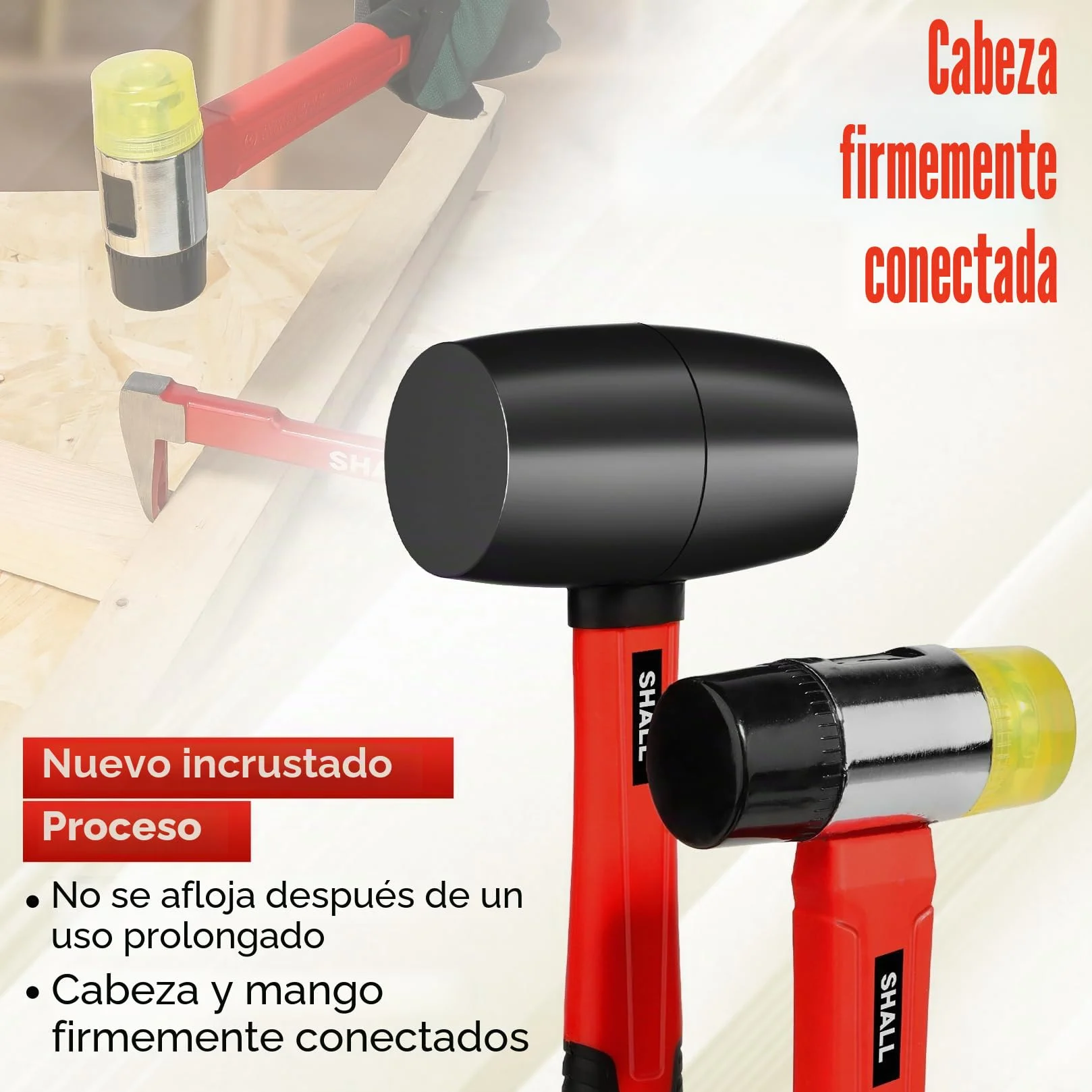 SHALL Juego de martillos de goma de 2 piezas, mazo de goma de 16 oz y mazo suave de doble cara de 40 mm, mango de fibra de vidrio a prueba de golpes con agarre acolchado