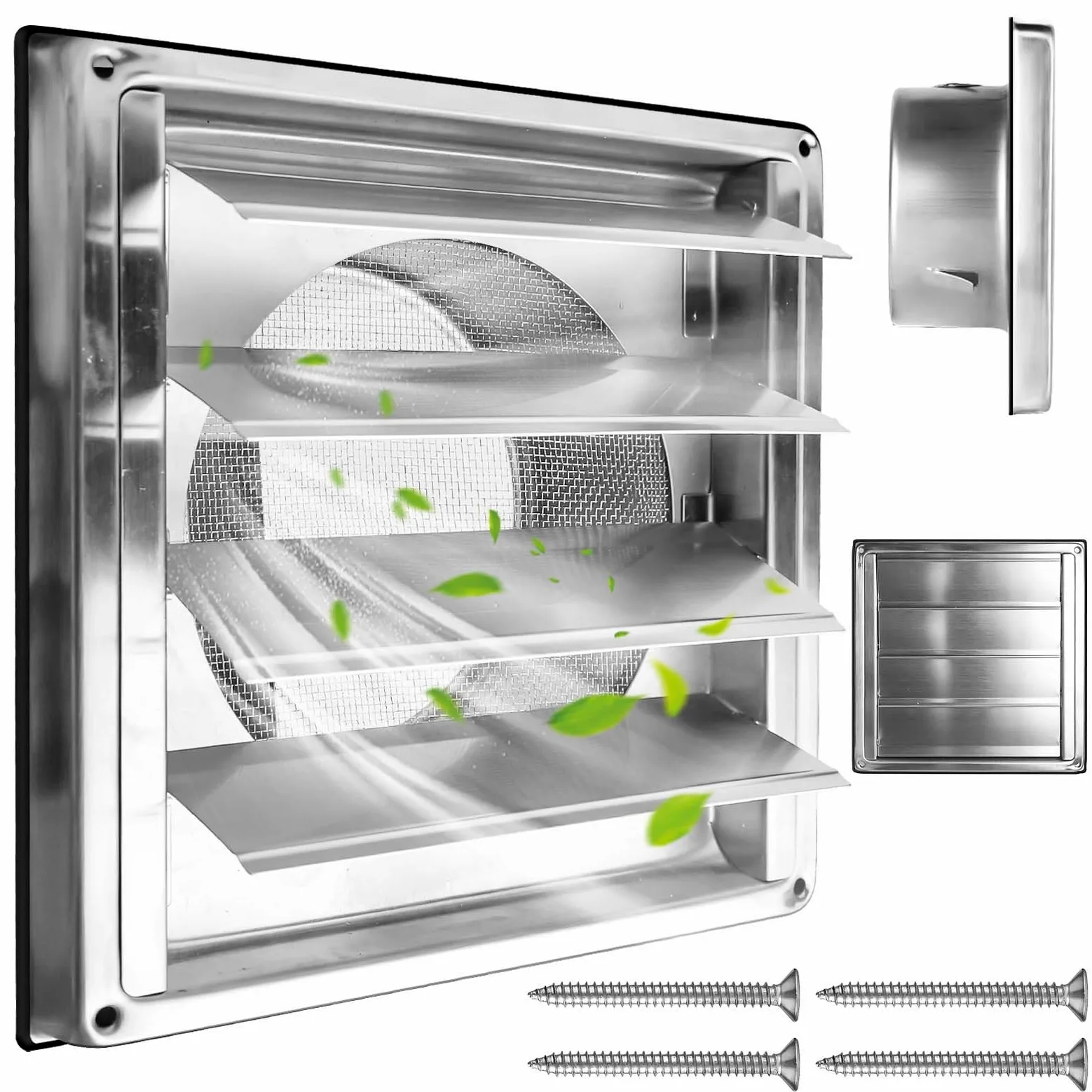 Rejilla de ventilación de acero inoxidable de 125 mm: válvula antirretorno, rejilla de protección contra la intemperie con rejilla de protección contra insectos, rejilla de láminas para tubo de