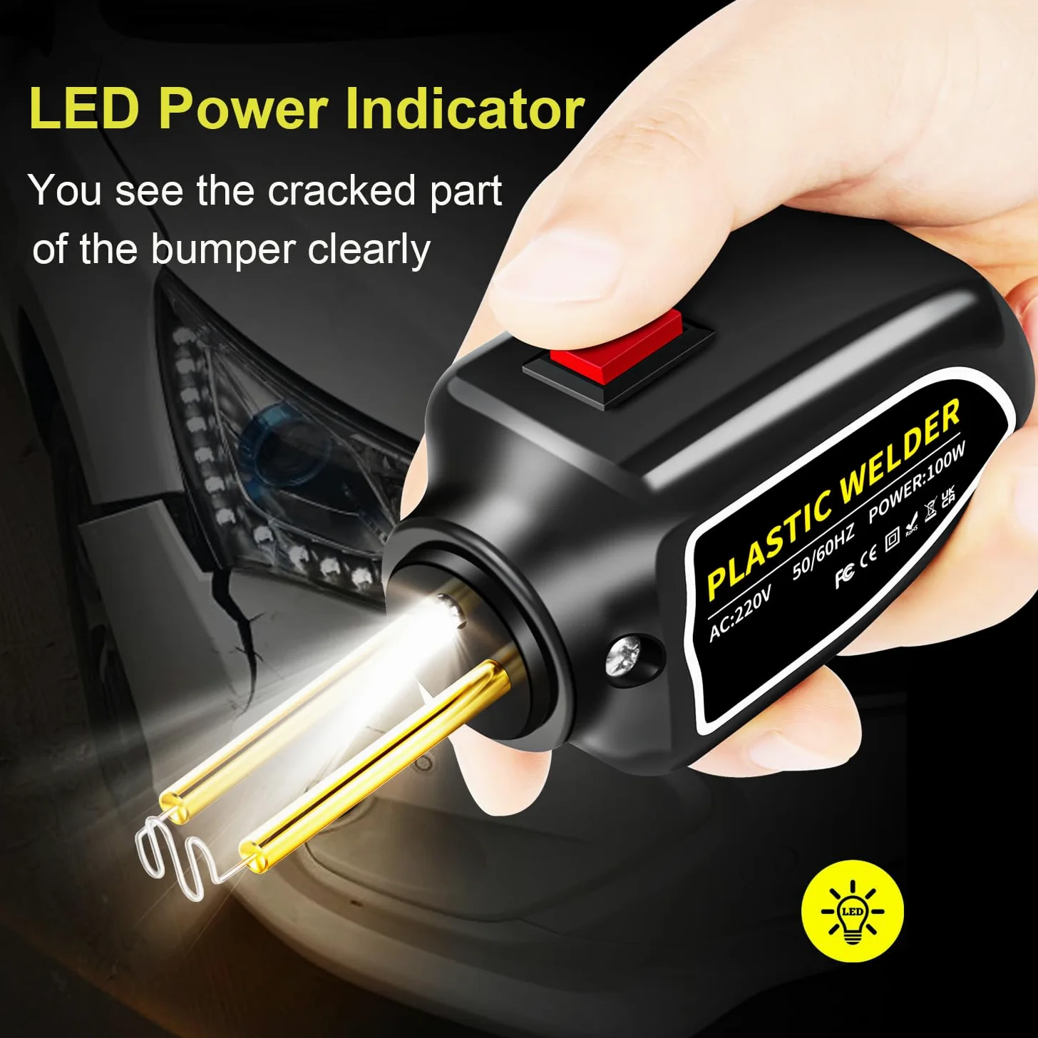 Máquina de soldadura de plástico de 100 W, kit de reparación de parachoques de coche, grapadora de calor con 200 clavos de soldadura, plana/esquina exterior/esquina interior/hebillas