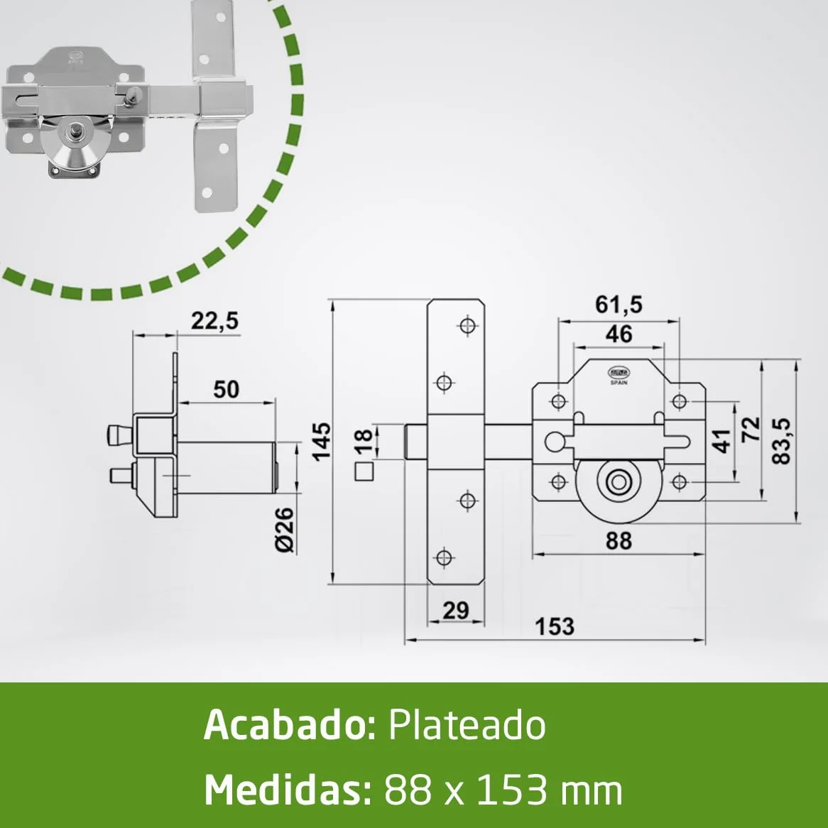 Amig - Cerrojo de Sobreponer para Puertas con Cilindro de Seguridad y Pestillo de Apertura - Acero - Color Plateado - Cilindro 70 mm - Incluye 5 Llaves de Punto - 88 x 153 mm