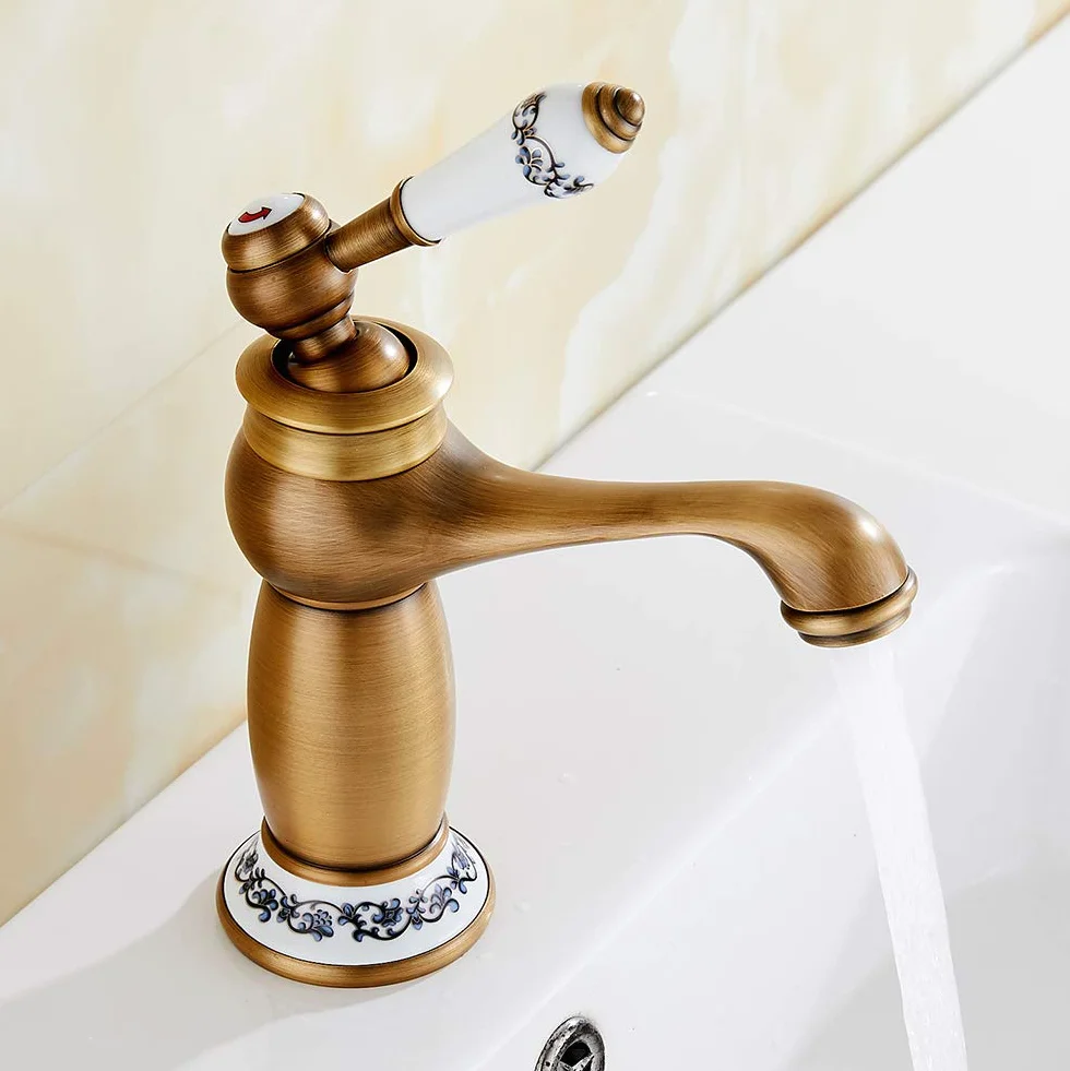 Grifo mezclador para lavabo de baño, latón envejecido, cromado, vintage, una sola palanca de cerámica para fregadero de cocina y baño (envejecido)