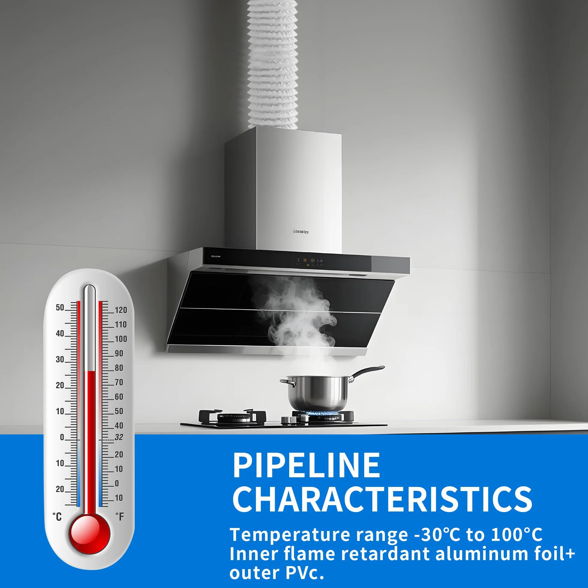 Tubo Flexible 100 mm x 3 m con 2 Abrazaderas Acero Inox – Tubo PVC-Aluminio para Sistemas de Ventilación, Climatización y Secado,Tubo Campana Extractora