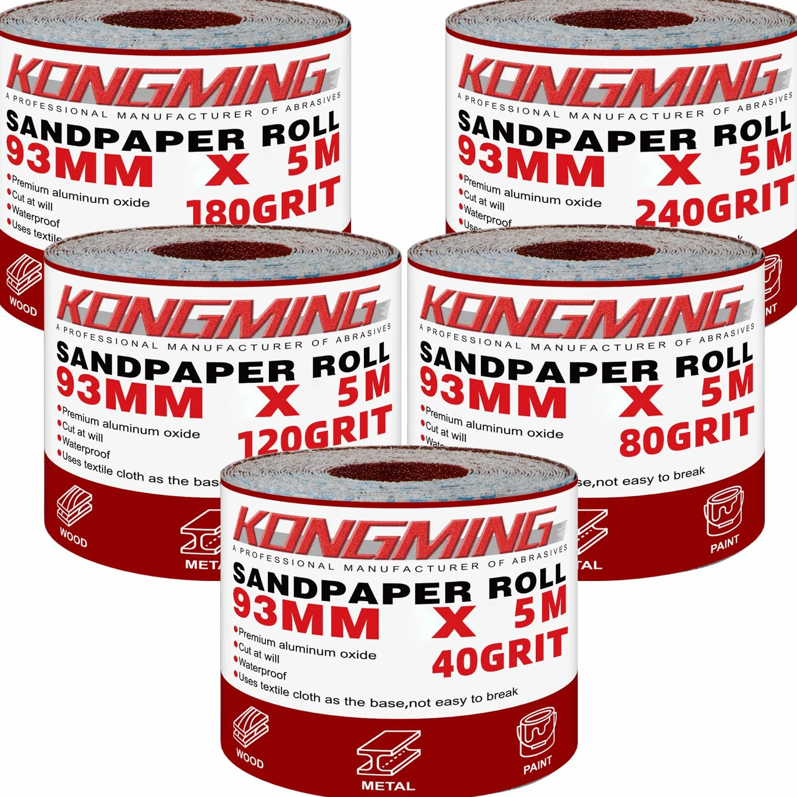 KONGMING Rollo de Papel de Lija 93mm x 5m Grano 40 80 120 180 240 X 5 Rollo para Lijadora Manual