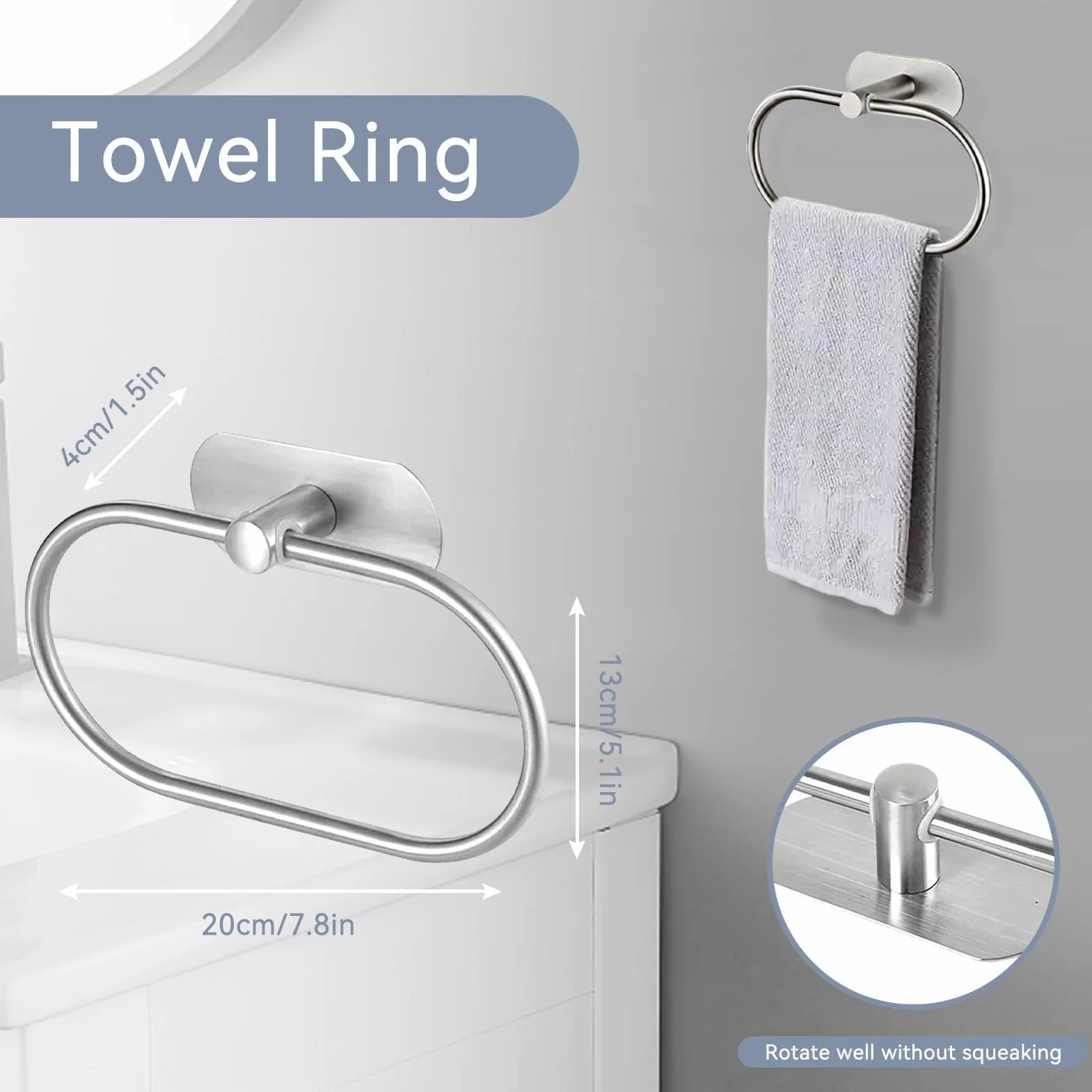 Cyrank Toallero Ovalado sin Taladrar, Colgador Toalla Baño Acero Inoxidable, Anillo Pared Pegar sin Perforación