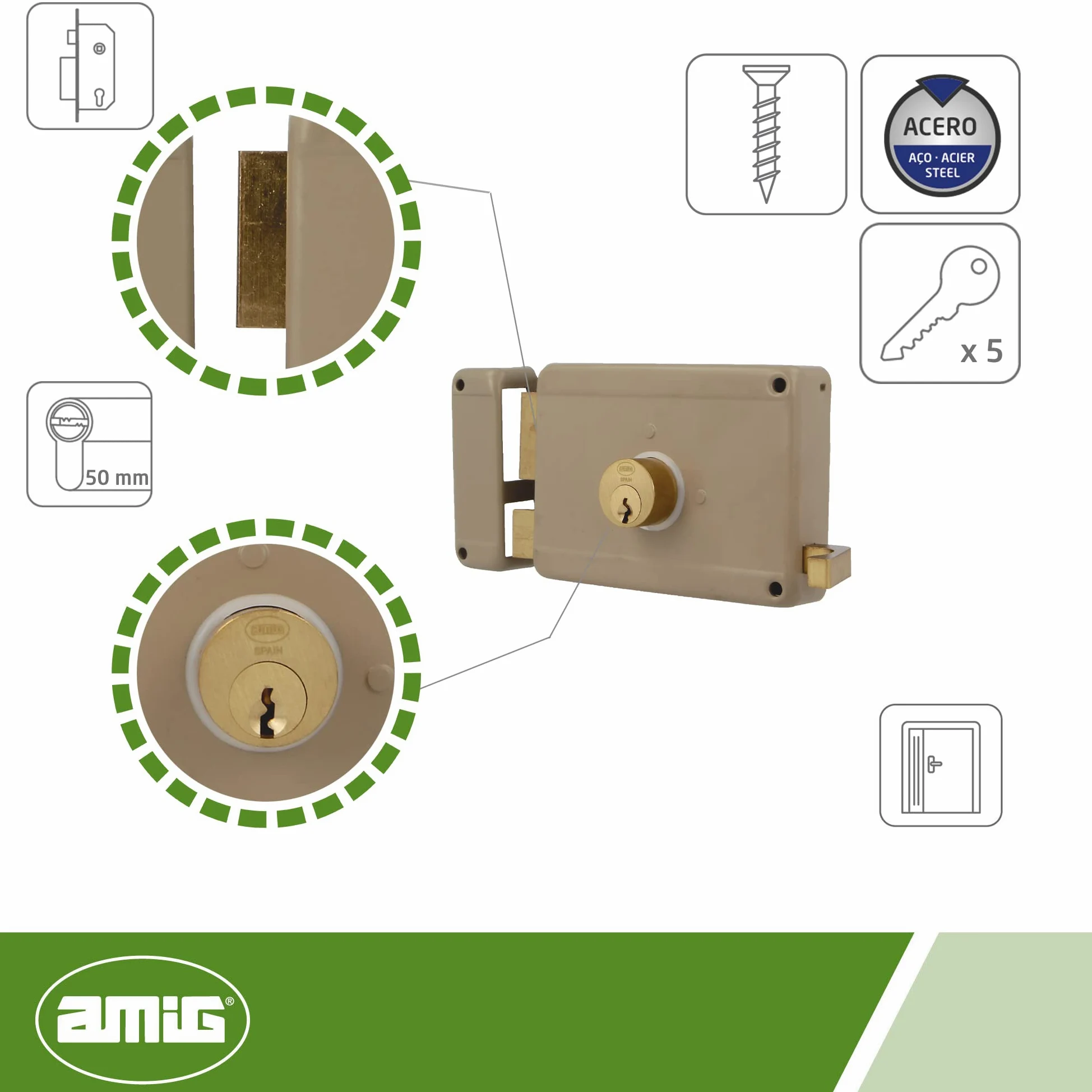 Amig - Cerradura de Sobreponer de Izquierda con palanca de Cierre, Lengüeta y Tirador para Puertas de Madera Mod. 78-120 x 85 mm - Pestillo con Cilindro Redondo de Serreta - Acero Beige